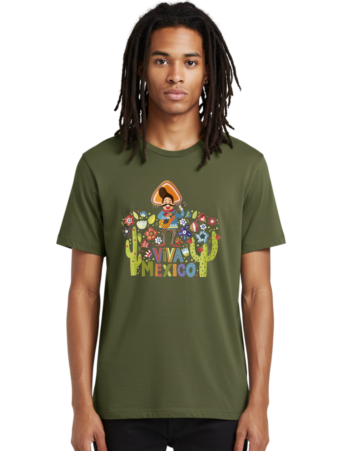 Viva-Mexico-1 Men'S Graphic Tee, 100% Cotton, Comfortable Casual Summer Wear, Machine Washable, Mexican Musician, Mariachi Playing Guitar, Festive Atmosphere, Colorful Flowers, Cacti, Cultural Heritage, Vibrant Colors, -  Aaa306