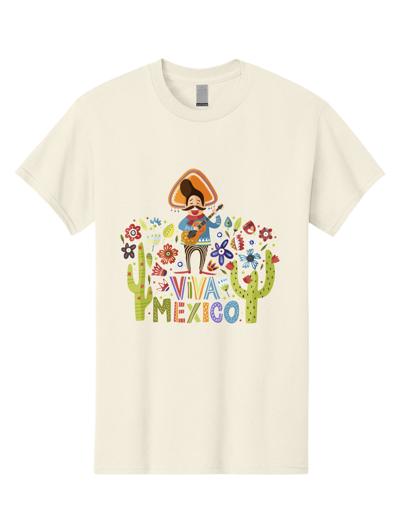 Viva-Mexico-1 Men'S Graphic Tee, 100% Cotton, Comfortable Casual Summer Wear, Machine Washable, Mexican Musician, Mariachi Playing Guitar, Festive Atmosphere, Colorful Flowers, Cacti, Cultural Heritage, Vibrant Colors, -  Aaa306