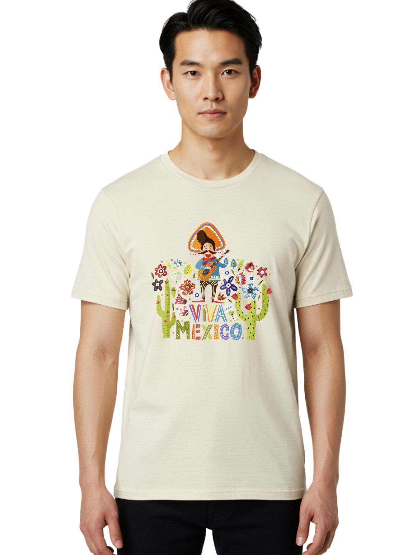 Viva-Mexico-1 Men'S Graphic Tee, 100% Cotton, Comfortable Casual Summer Wear, Machine Washable, Mexican Musician, Mariachi Playing Guitar, Festive Atmosphere, Colorful Flowers, Cacti, Cultural Heritage, Vibrant Colors, -  Aaa306