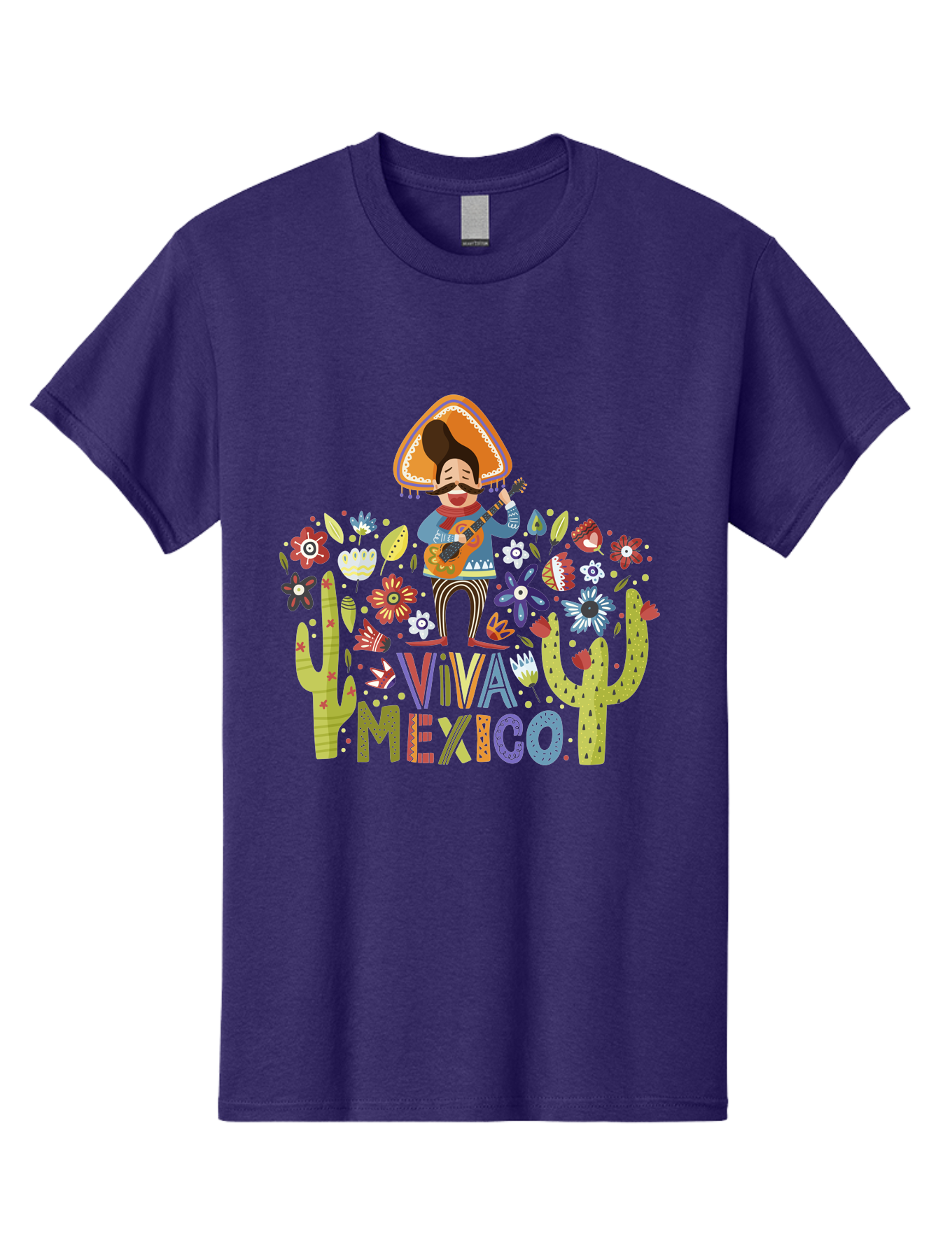 Viva-Mexico-1 Men'S Graphic Tee, 100% Cotton, Comfortable Casual Summer Wear, Machine Washable, Mexican Musician, Mariachi Playing Guitar, Festive Atmosphere, Colorful Flowers, Cacti, Cultural Heritage, Vibrant Colors, -  Aaa306