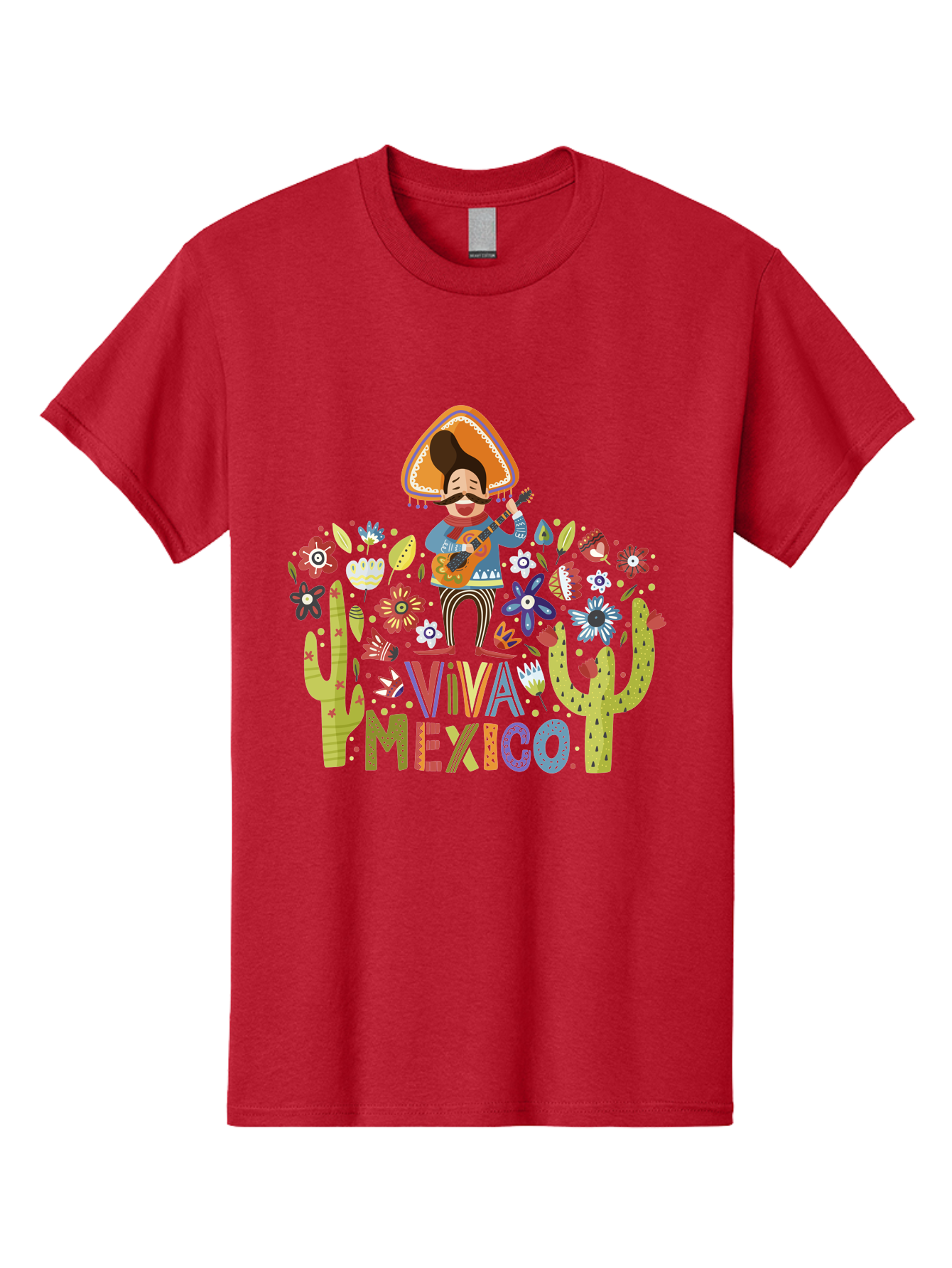 Viva-Mexico-1 Men'S Graphic Tee, 100% Cotton, Comfortable Casual Summer Wear, Machine Washable, Mexican Musician, Mariachi Playing Guitar, Festive Atmosphere, Colorful Flowers, Cacti, Cultural Heritage, Vibrant Colors, -  Aaa306