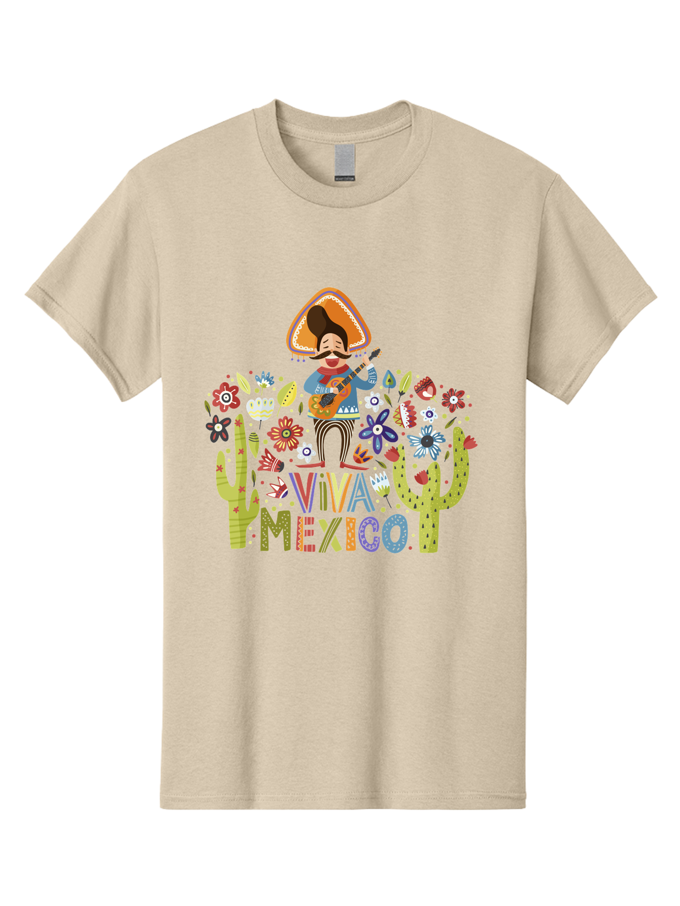 Viva-Mexico-1 Men'S Graphic Tee, 100% Cotton, Comfortable Casual Summer Wear, Machine Washable, Mexican Musician, Mariachi Playing Guitar, Festive Atmosphere, Colorful Flowers, Cacti, Cultural Heritage, Vibrant Colors, -  Aaa306