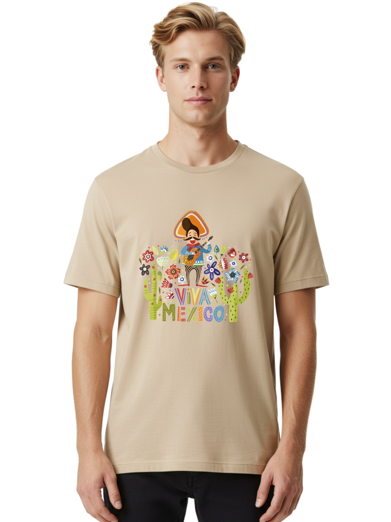 Viva-Mexico-1 Men'S Graphic Tee, 100% Cotton, Comfortable Casual Summer Wear, Machine Washable, Mexican Musician, Mariachi Playing Guitar, Festive Atmosphere, Colorful Flowers, Cacti, Cultural Heritage, Vibrant Colors, -  Aaa306