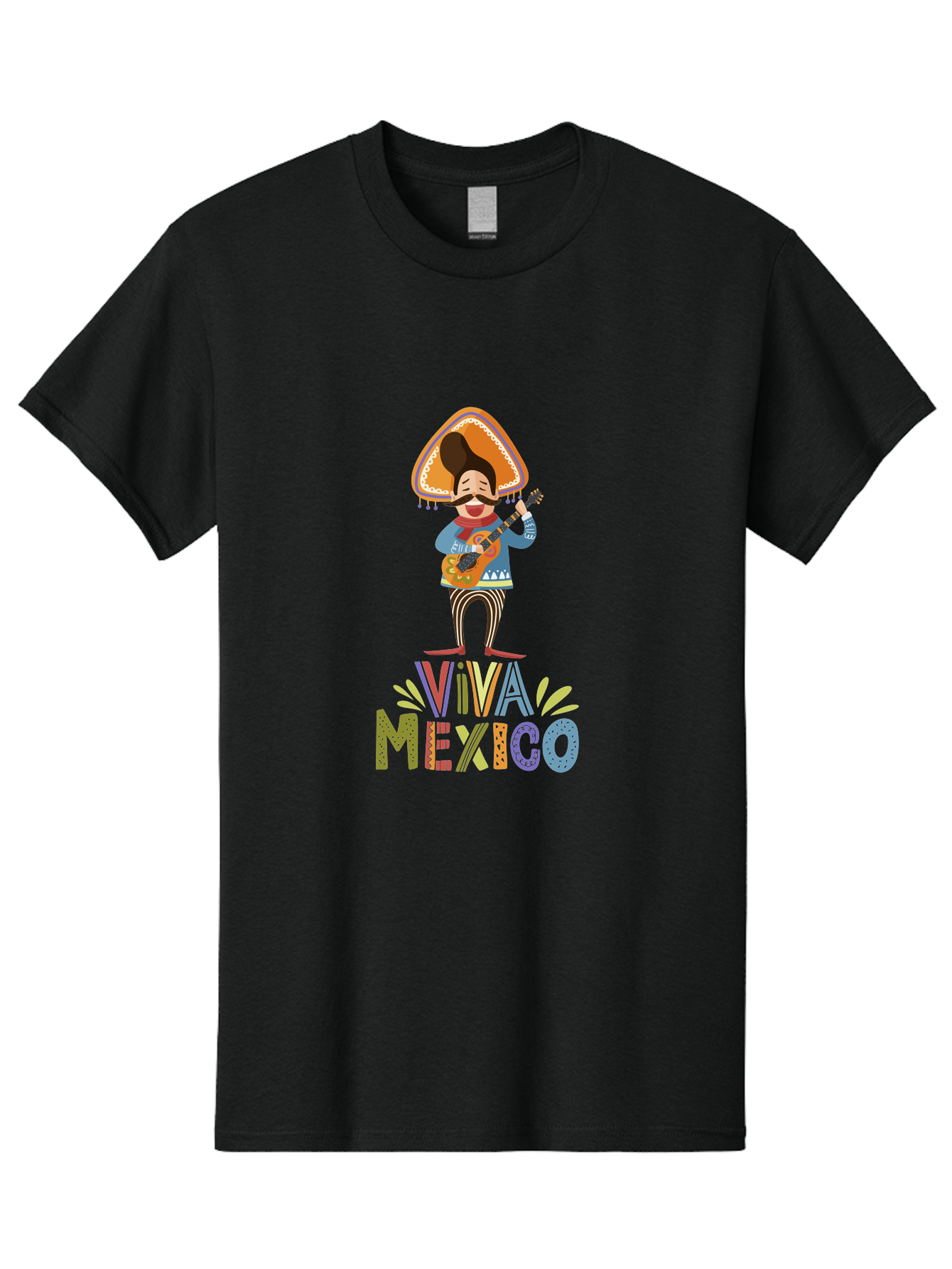Viva-Mexico Men'S Graphic Tee, 100% Cotton, Comfortable Casual Summer Wear, Machine Washable, Mexican Culture, Traditional Clothing, Mariachi Musician, Guitar Player, Festive Atmosphere, Colorful Graphics, Vibrant Colors, -  Aaa309