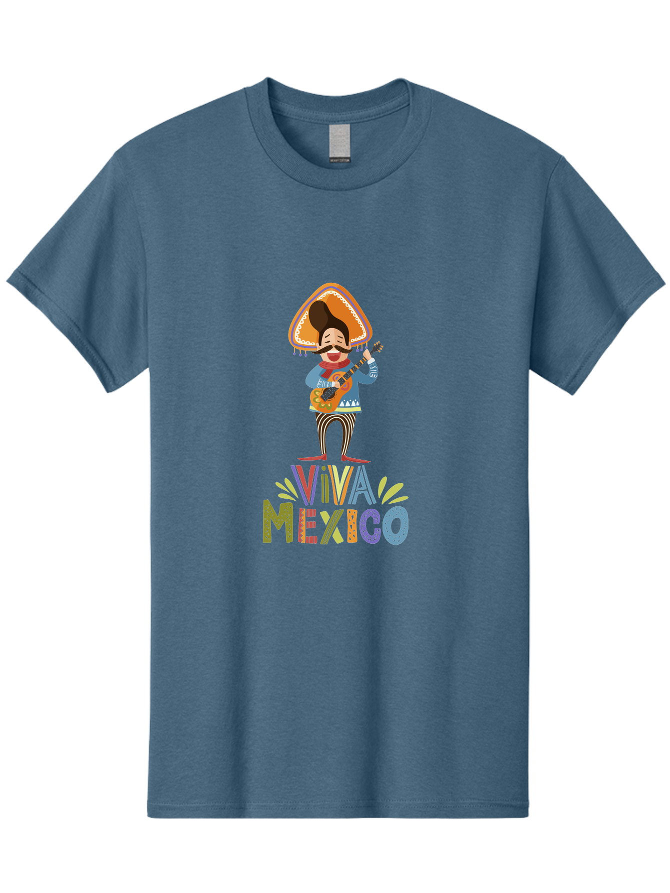 Viva-Mexico Men'S Graphic Tee, 100% Cotton, Comfortable Casual Summer Wear, Machine Washable, Mexican Culture, Traditional Clothing, Mariachi Musician, Guitar Player, Festive Atmosphere, Colorful Graphics, Vibrant Colors, -  Aaa309