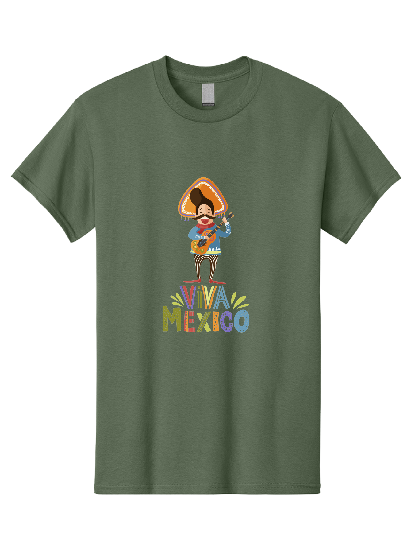 Viva-Mexico Men'S Graphic Tee, 100% Cotton, Comfortable Casual Summer Wear, Machine Washable, Mexican Culture, Traditional Clothing, Mariachi Musician, Guitar Player, Festive Atmosphere, Colorful Graphics, Vibrant Colors, -  Aaa309