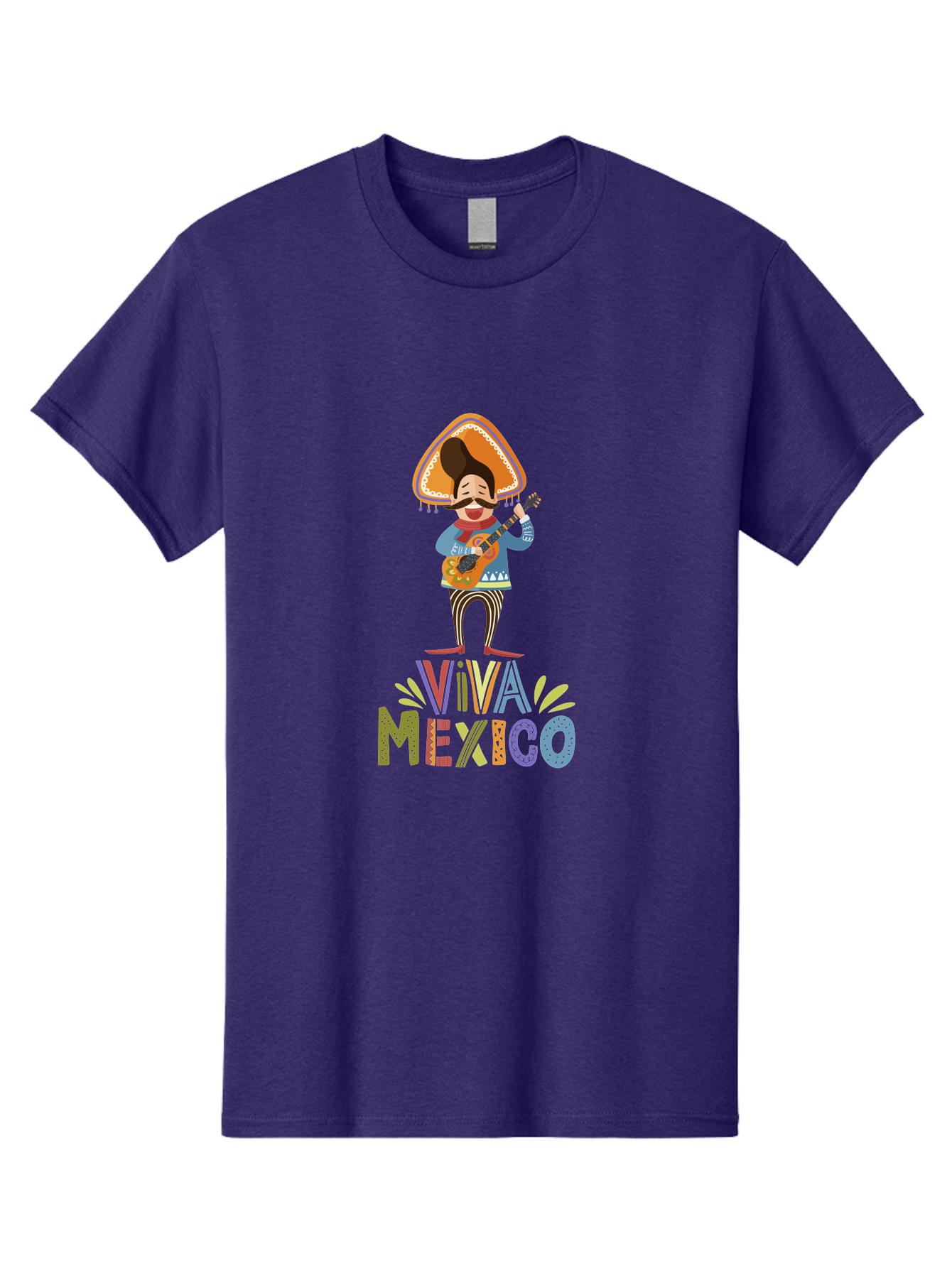 Viva-Mexico Men'S Graphic Tee, 100% Cotton, Comfortable Casual Summer Wear, Machine Washable, Mexican Culture, Traditional Clothing, Mariachi Musician, Guitar Player, Festive Atmosphere, Colorful Graphics, Vibrant Colors, -  Aaa309