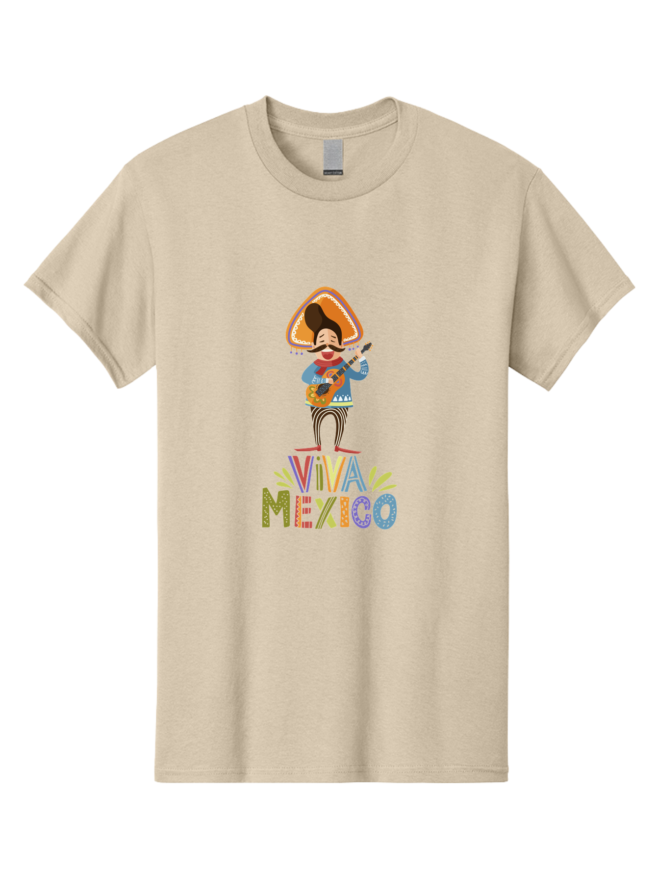 Viva-Mexico Men'S Graphic Tee, 100% Cotton, Comfortable Casual Summer Wear, Machine Washable, Mexican Culture, Traditional Clothing, Mariachi Musician, Guitar Player, Festive Atmosphere, Colorful Graphics, Vibrant Colors, -  Aaa309