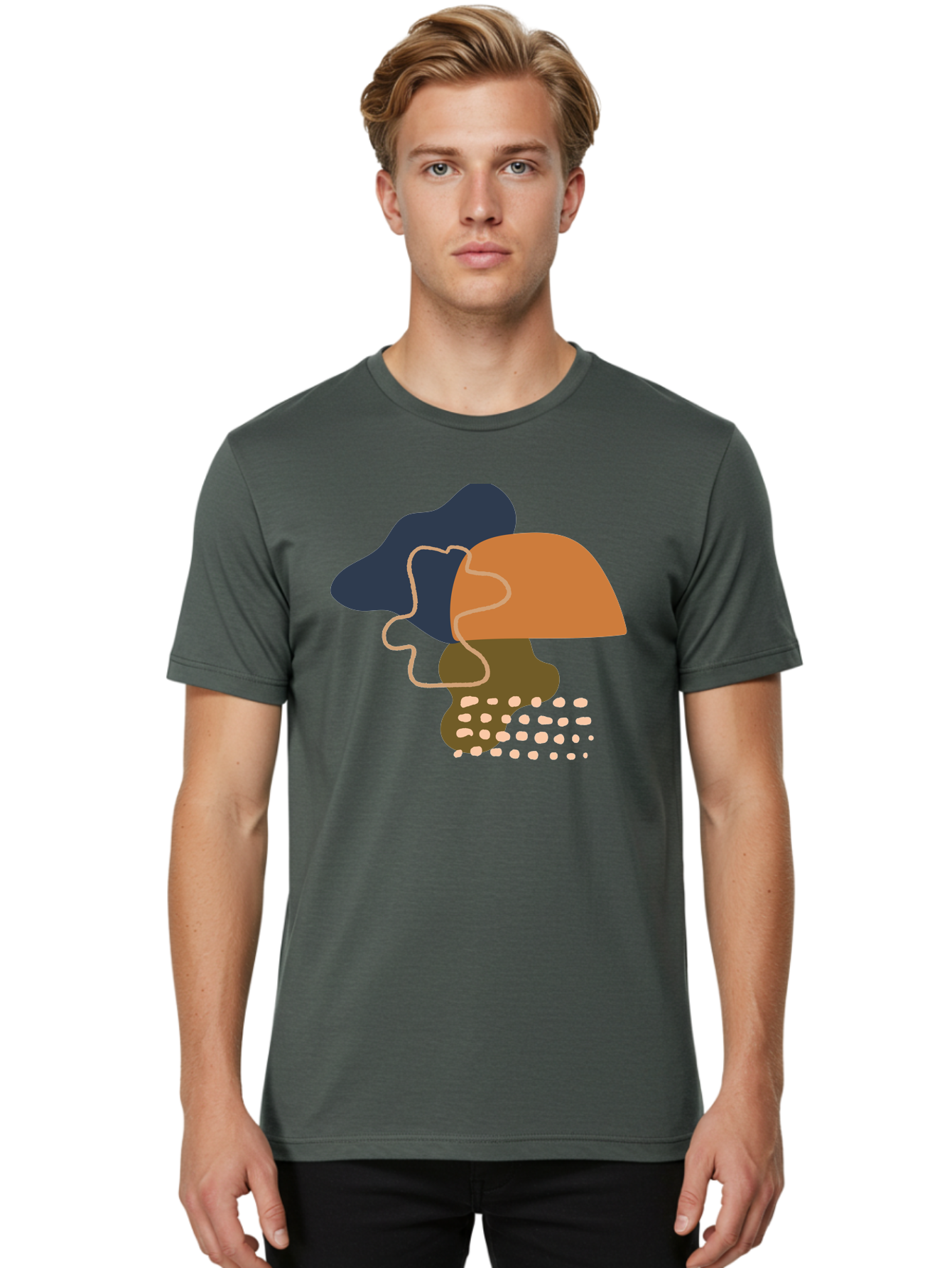 Abstract-Shapes-3 Men'S Graphic Tee, 100% Cotton, Comfortable Casual Summer Wear, Machine Washable, Abstract Shapes, Modern Art, Digital Illustration, Wavy Line, Layered Forms, Blue, Orange, Brown Colors, Minimalist Design, -  Aaa355