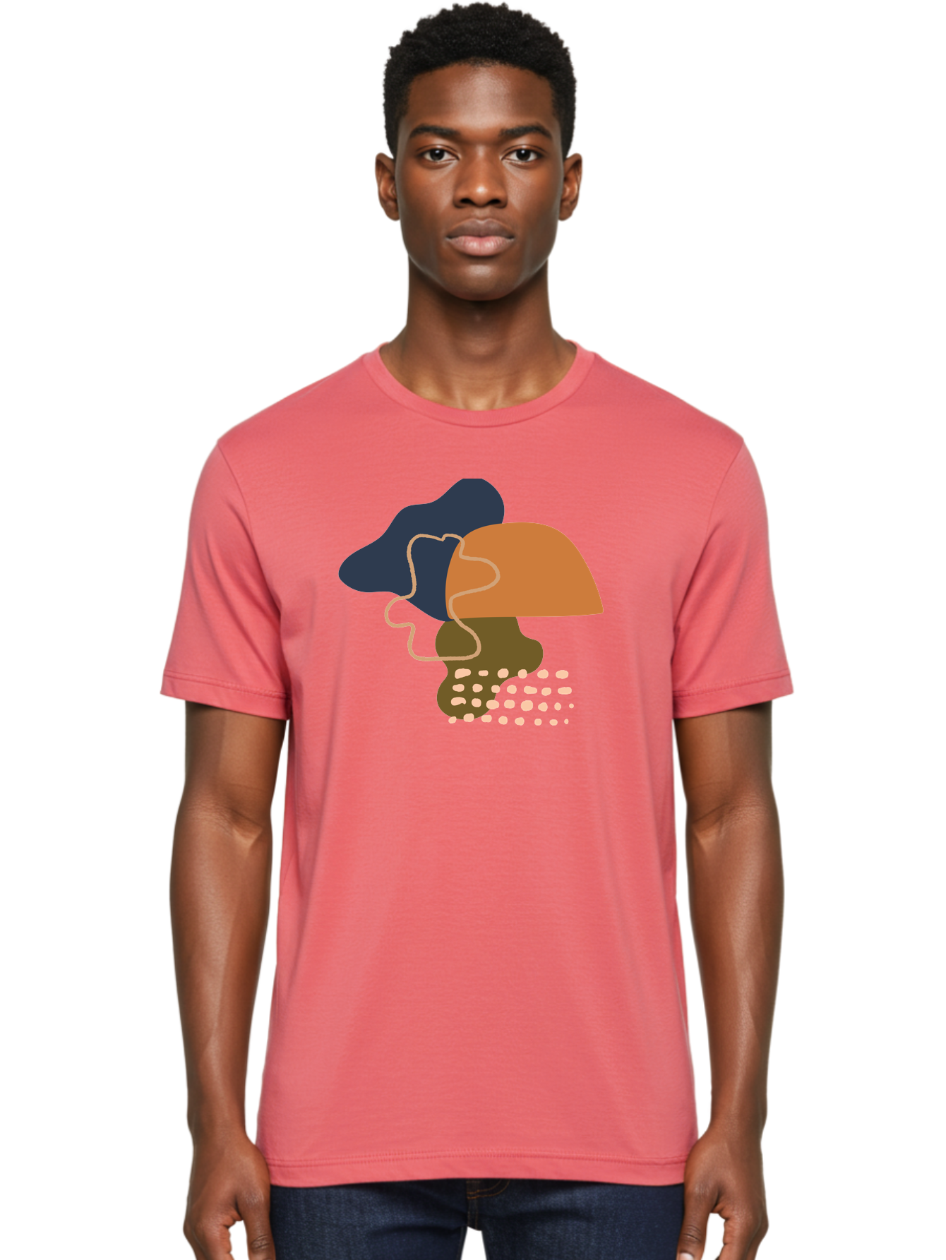 Abstract-Shapes-3 Men'S Graphic Tee, 100% Cotton, Comfortable Casual Summer Wear, Machine Washable, Abstract Shapes, Modern Art, Digital Illustration, Wavy Line, Layered Forms, Blue, Orange, Brown Colors, Minimalist Design, -  Aaa355