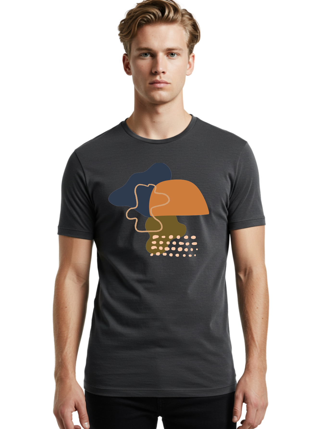 Abstract-Shapes-3 Men'S Graphic Tee, 100% Cotton, Comfortable Casual Summer Wear, Machine Washable, Abstract Shapes, Modern Art, Digital Illustration, Wavy Line, Layered Forms, Blue, Orange, Brown Colors, Minimalist Design, -  Aaa355