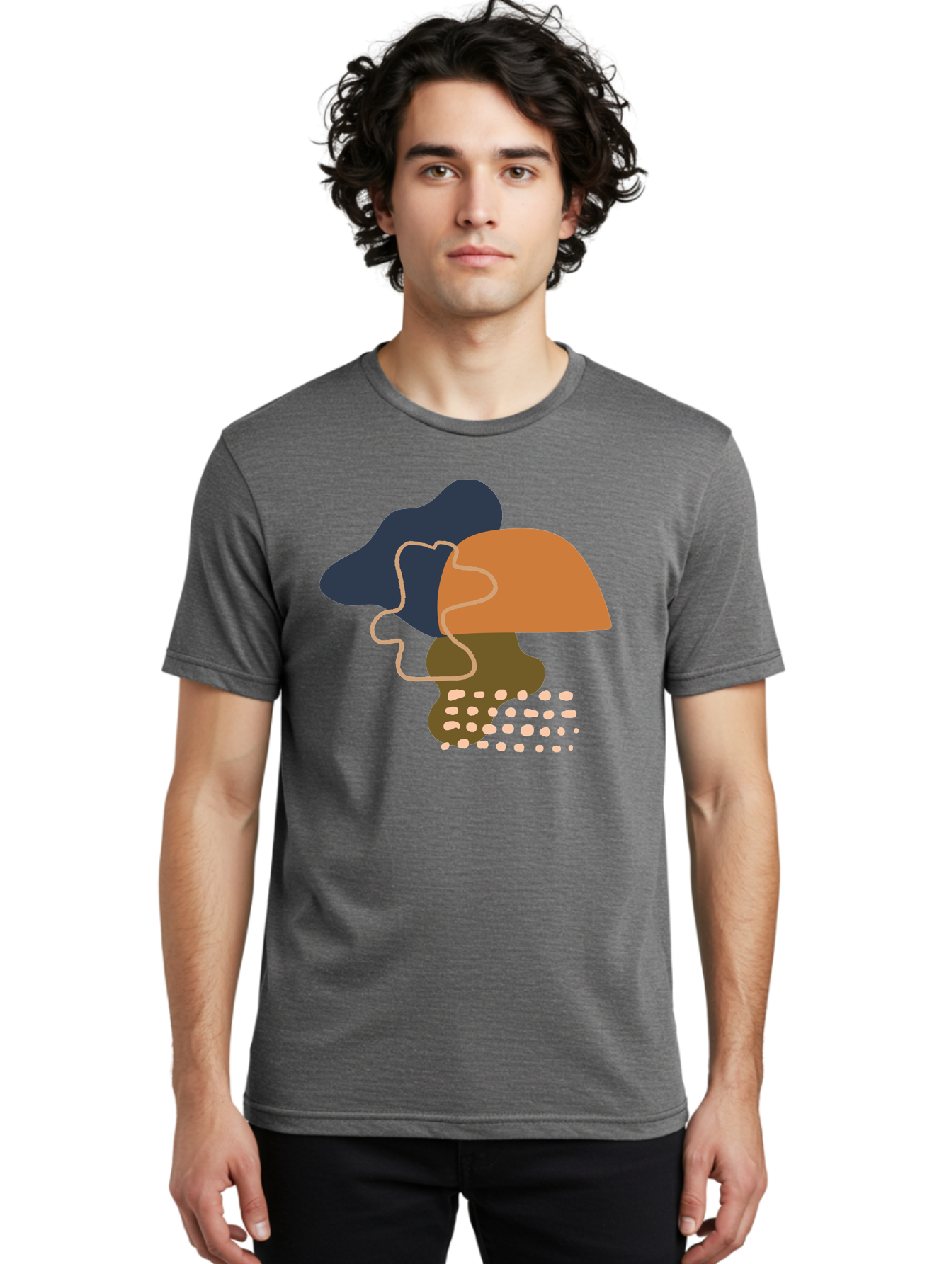 Abstract-Shapes-3 Men'S Graphic Tee, 100% Cotton, Comfortable Casual Summer Wear, Machine Washable, Abstract Shapes, Modern Art, Digital Illustration, Wavy Line, Layered Forms, Blue, Orange, Brown Colors, Minimalist Design, -  Aaa355