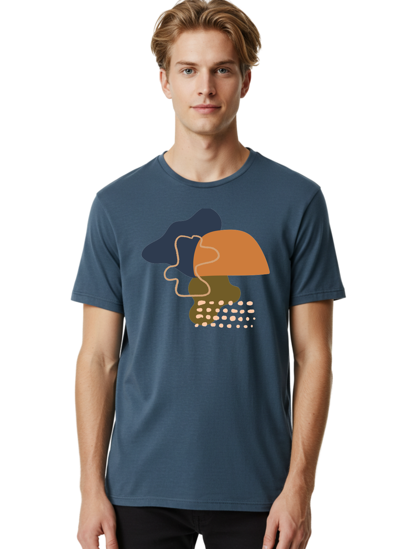 Abstract-Shapes-3 Men'S Graphic Tee, 100% Cotton, Comfortable Casual Summer Wear, Machine Washable, Abstract Shapes, Modern Art, Digital Illustration, Wavy Line, Layered Forms, Blue, Orange, Brown Colors, Minimalist Design, -  Aaa355
