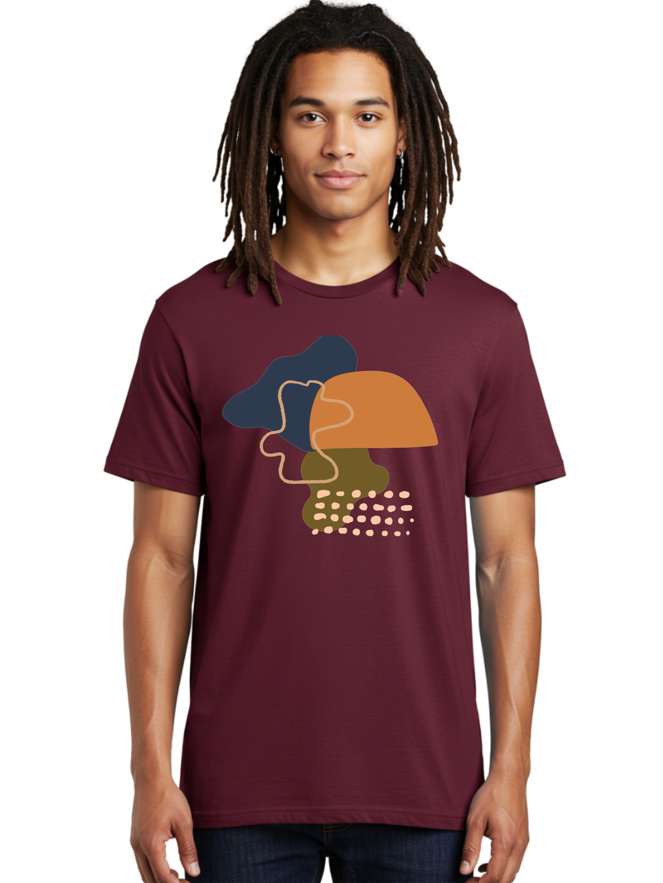 Abstract-Shapes-3 Men'S Graphic Tee, 100% Cotton, Comfortable Casual Summer Wear, Machine Washable, Abstract Shapes, Modern Art, Digital Illustration, Wavy Line, Layered Forms, Blue, Orange, Brown Colors, Minimalist Design, -  Aaa355