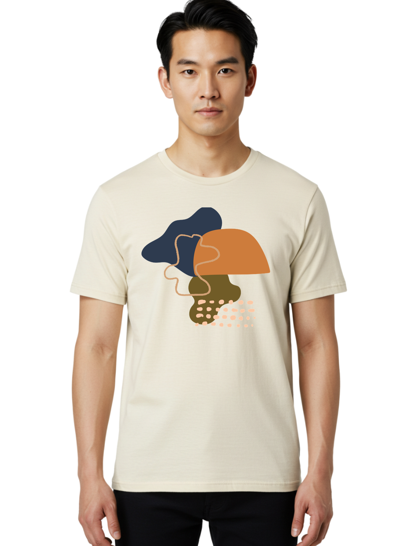Abstract-Shapes-3 Men'S Graphic Tee, 100% Cotton, Comfortable Casual Summer Wear, Machine Washable, Abstract Shapes, Modern Art, Digital Illustration, Wavy Line, Layered Forms, Blue, Orange, Brown Colors, Minimalist Design, -  Aaa355