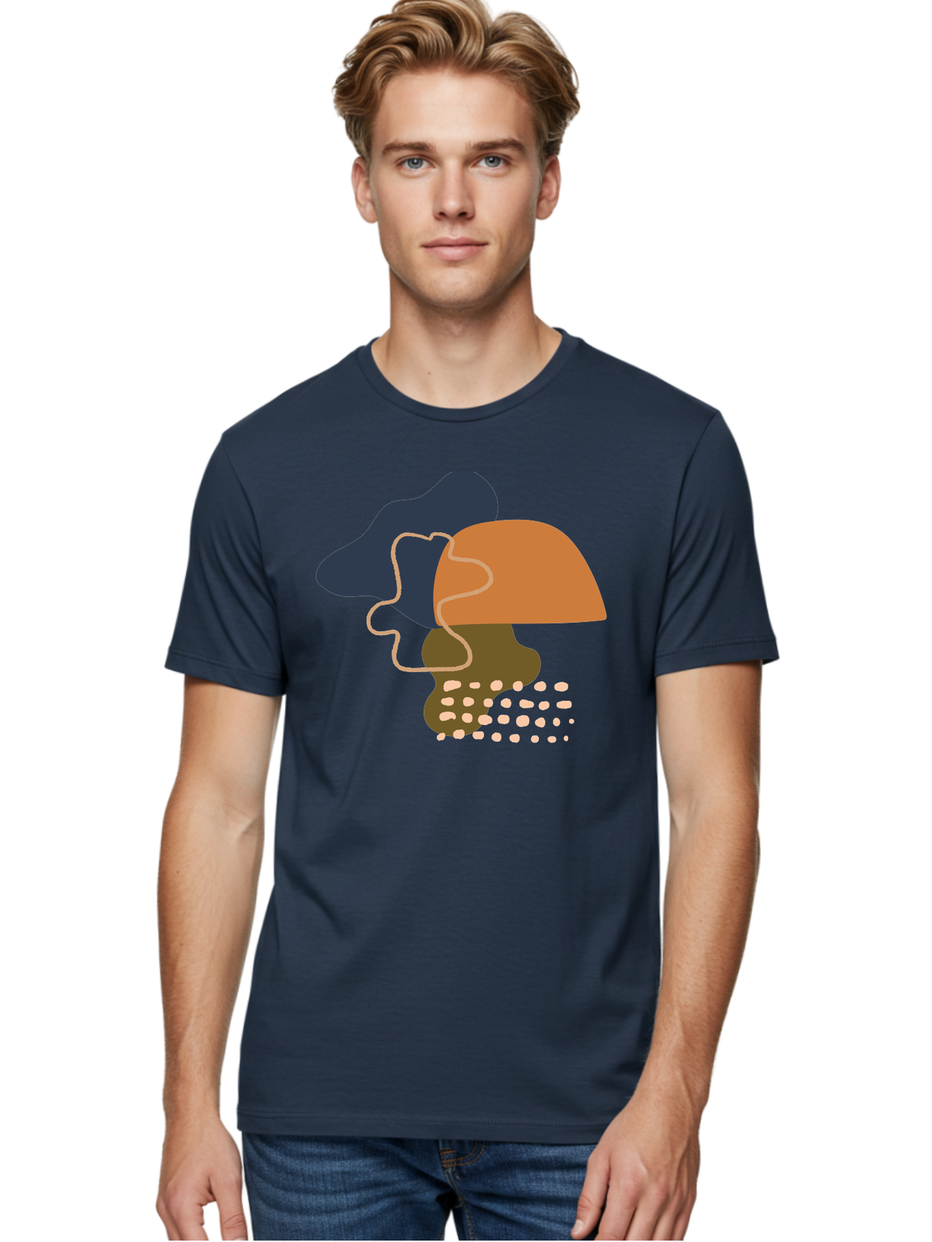 Abstract-Shapes-3 Men'S Graphic Tee, 100% Cotton, Comfortable Casual Summer Wear, Machine Washable, Abstract Shapes, Modern Art, Digital Illustration, Wavy Line, Layered Forms, Blue, Orange, Brown Colors, Minimalist Design, -  Aaa355