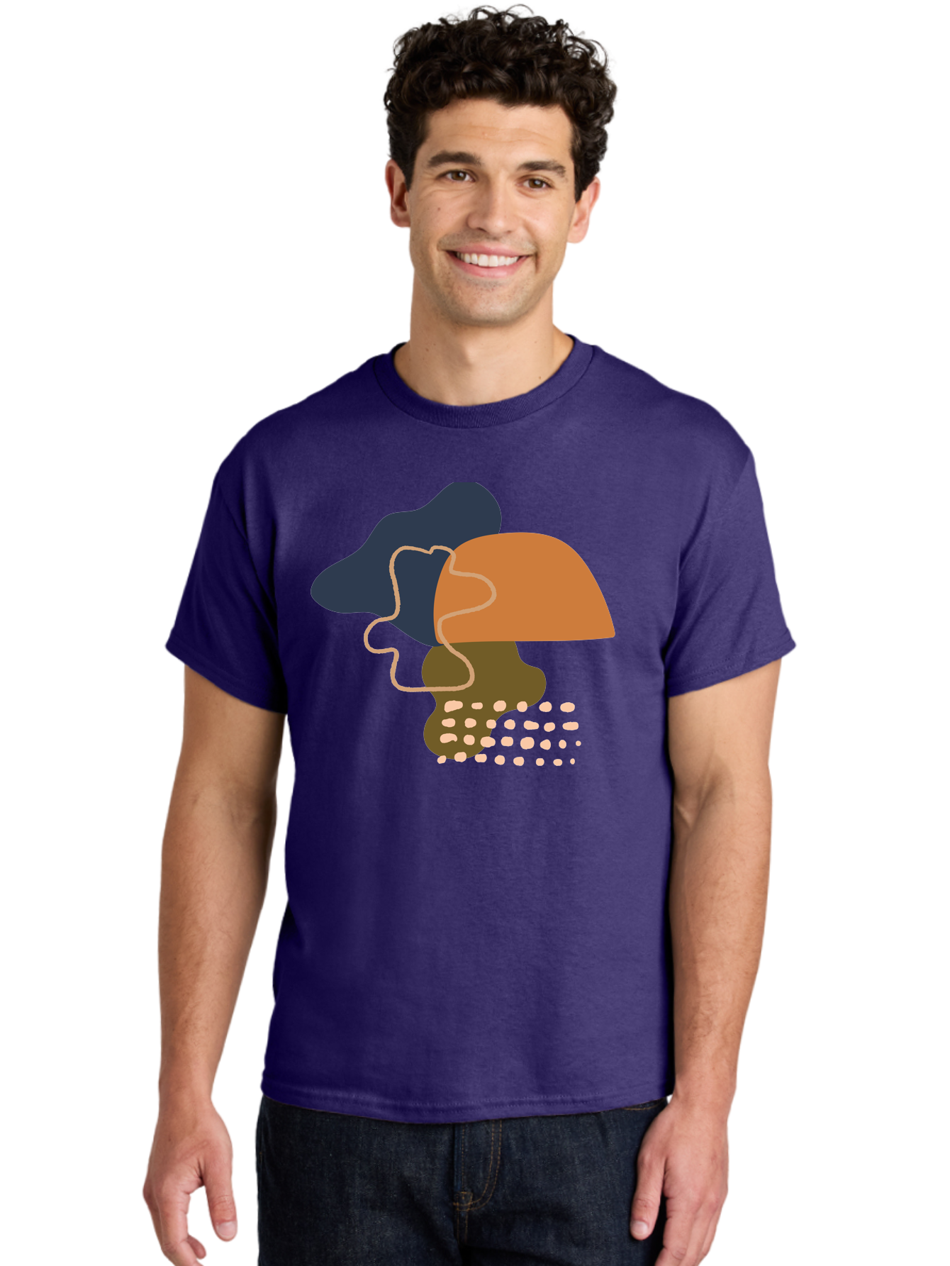 Abstract-Shapes-3 Men'S Graphic Tee, 100% Cotton, Comfortable Casual Summer Wear, Machine Washable, Abstract Shapes, Modern Art, Digital Illustration, Wavy Line, Layered Forms, Blue, Orange, Brown Colors, Minimalist Design, -  Aaa355