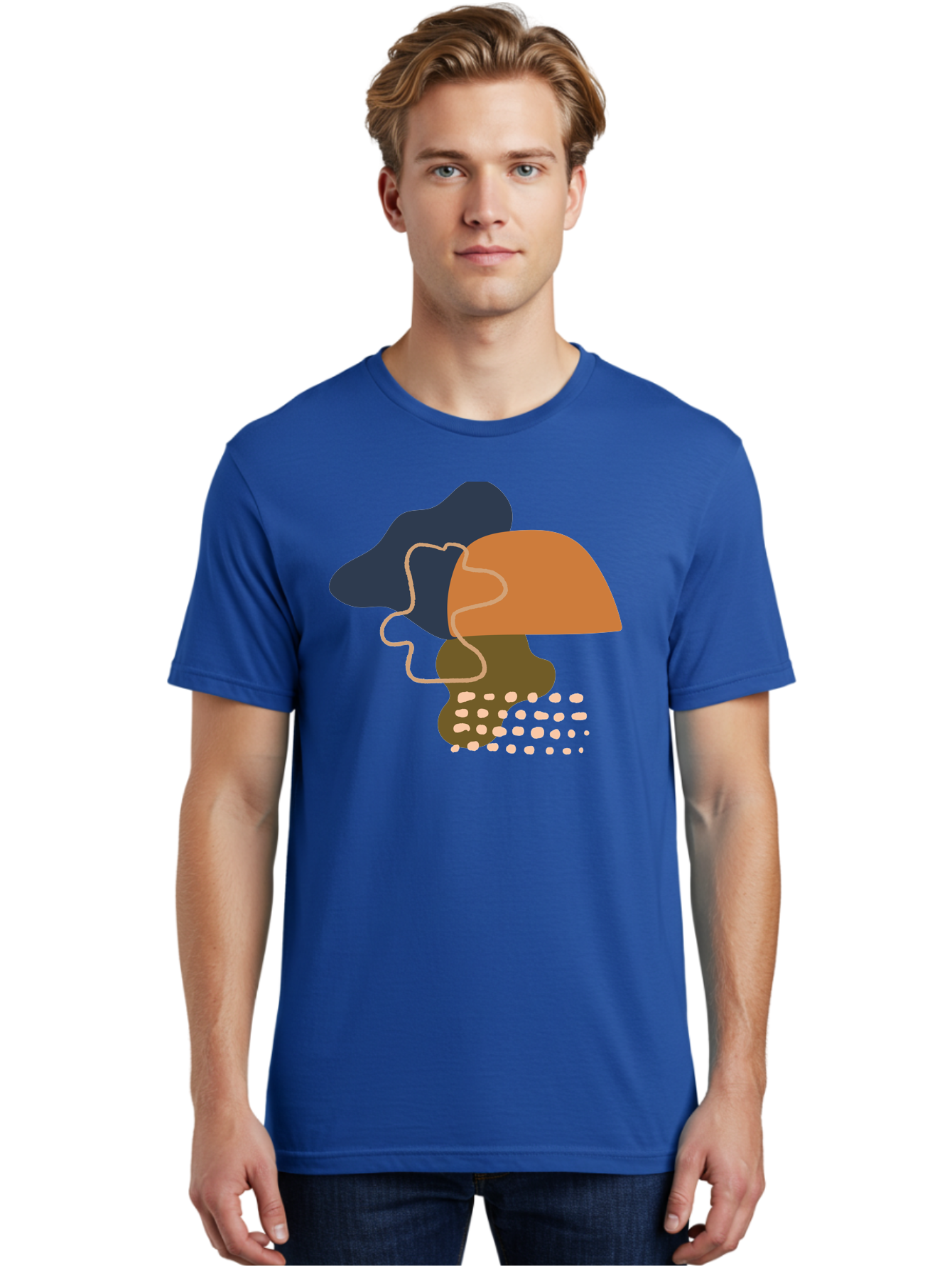 Abstract-Shapes-3 Men'S Graphic Tee, 100% Cotton, Comfortable Casual Summer Wear, Machine Washable, Abstract Shapes, Modern Art, Digital Illustration, Wavy Line, Layered Forms, Blue, Orange, Brown Colors, Minimalist Design, -  Aaa355