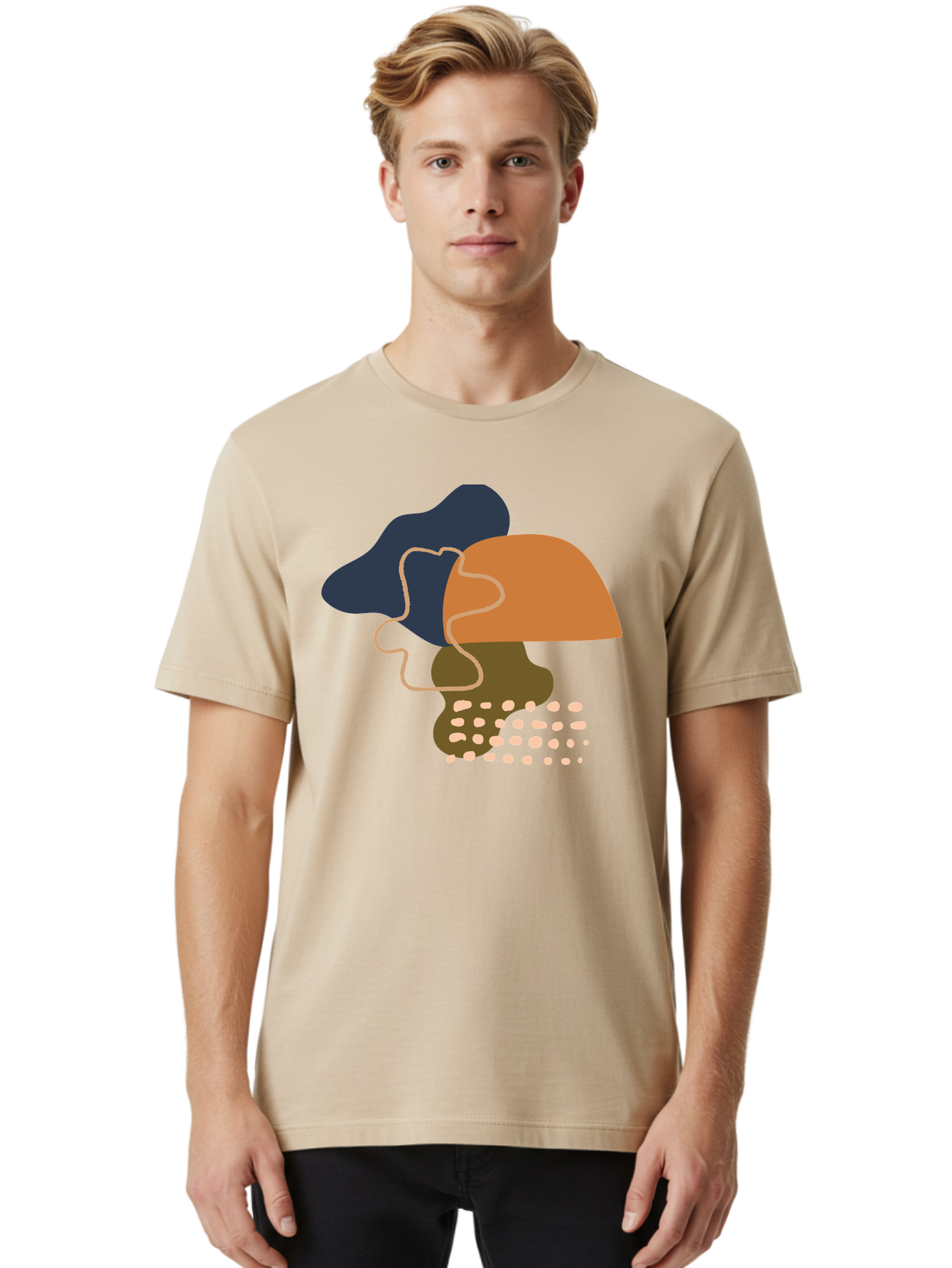 Abstract-Shapes-3 Men'S Graphic Tee, 100% Cotton, Comfortable Casual Summer Wear, Machine Washable, Abstract Shapes, Modern Art, Digital Illustration, Wavy Line, Layered Forms, Blue, Orange, Brown Colors, Minimalist Design, -  Aaa355