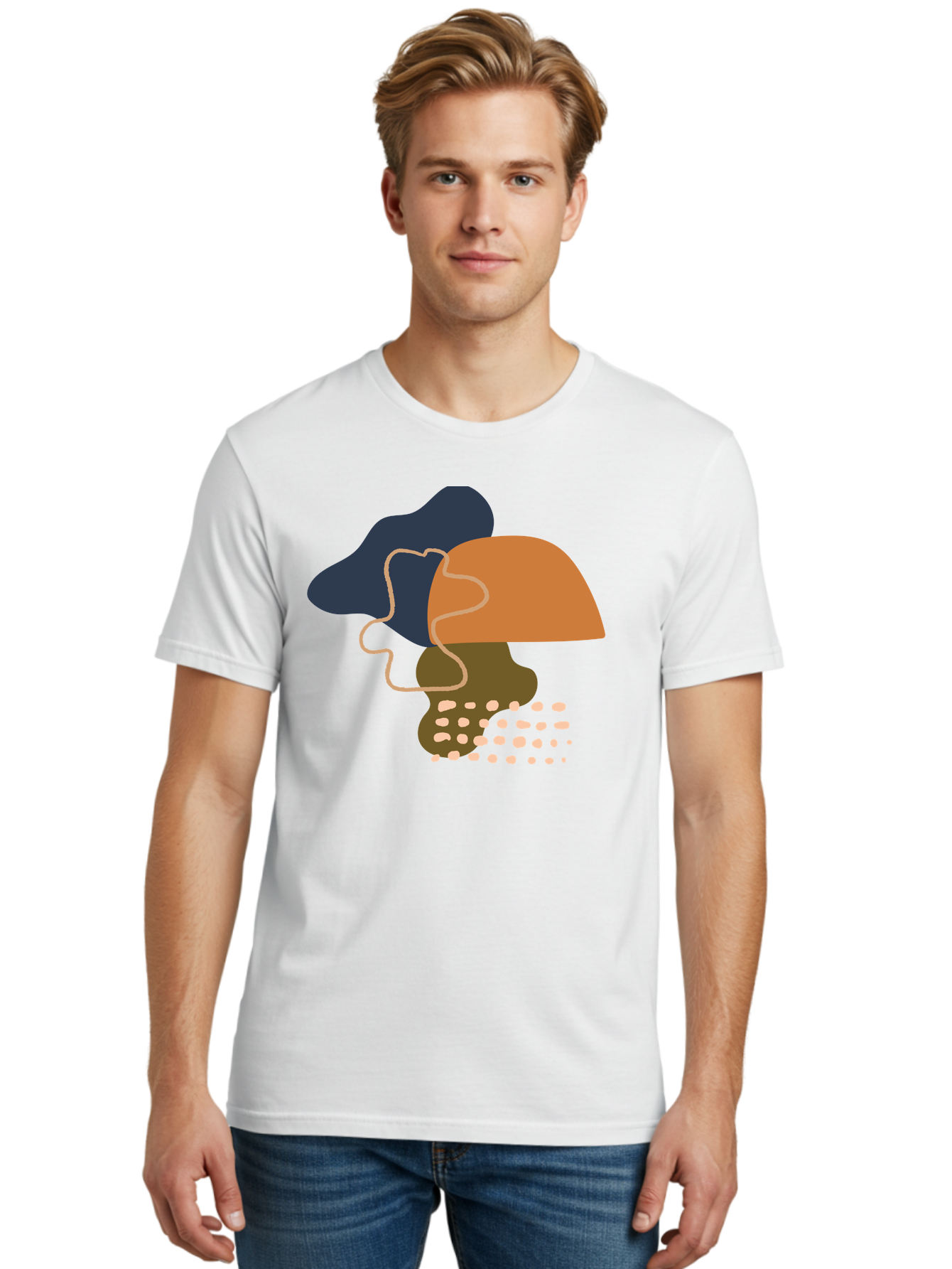 Abstract-Shapes-3 Men'S Graphic Tee, 100% Cotton, Comfortable Casual Summer Wear, Machine Washable, Abstract Shapes, Modern Art, Digital Illustration, Wavy Line, Layered Forms, Blue, Orange, Brown Colors, Minimalist Design, -  Aaa355