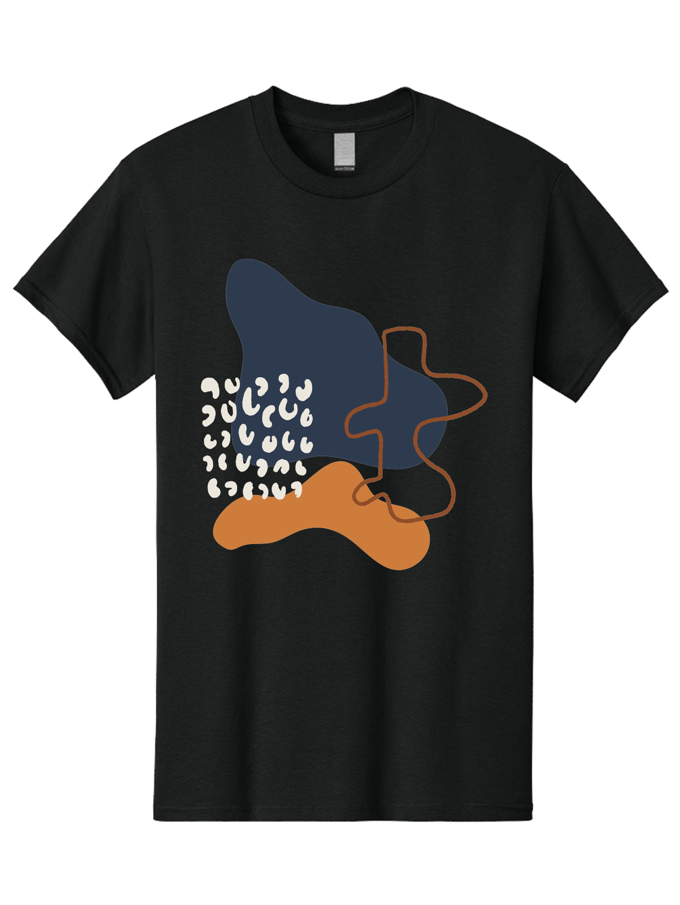 Abstract-Shapes-4 Men'S Graphic Tee, 100% Cotton, Comfortable Casual Summer Wear, Machine Washable, Abstract Art, Modern Design, Unique Shapes, Navy Blue Shape, Orange Blob, White Semicolons, Brown Squiggly Line, Creative Expression, -  Aaa356