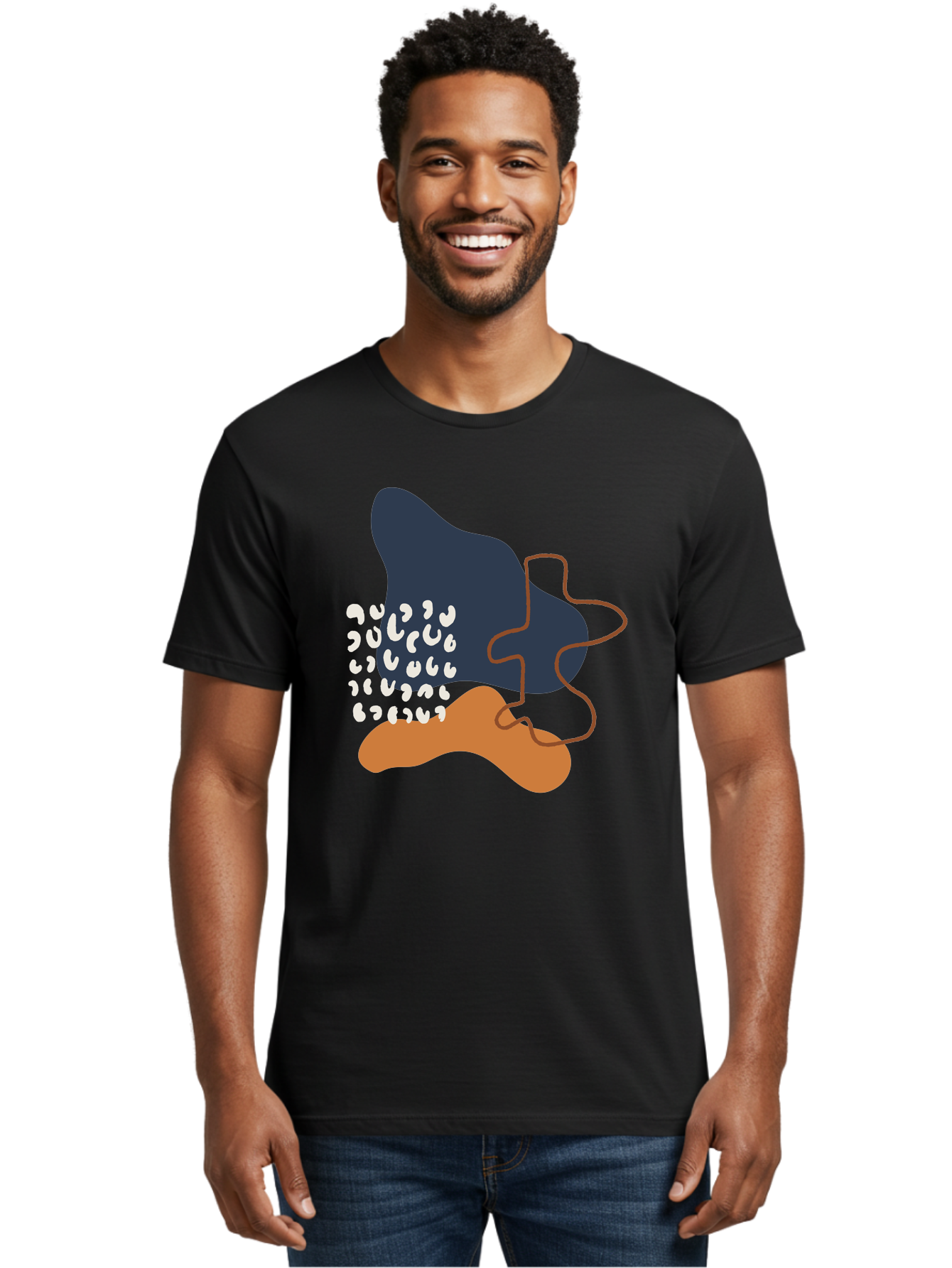 Abstract-Shapes-4 Men'S Graphic Tee, 100% Cotton, Comfortable Casual Summer Wear, Machine Washable, Abstract Art, Modern Design, Unique Shapes, Navy Blue Shape, Orange Blob, White Semicolons, Brown Squiggly Line, Creative Expression, -  Aaa356