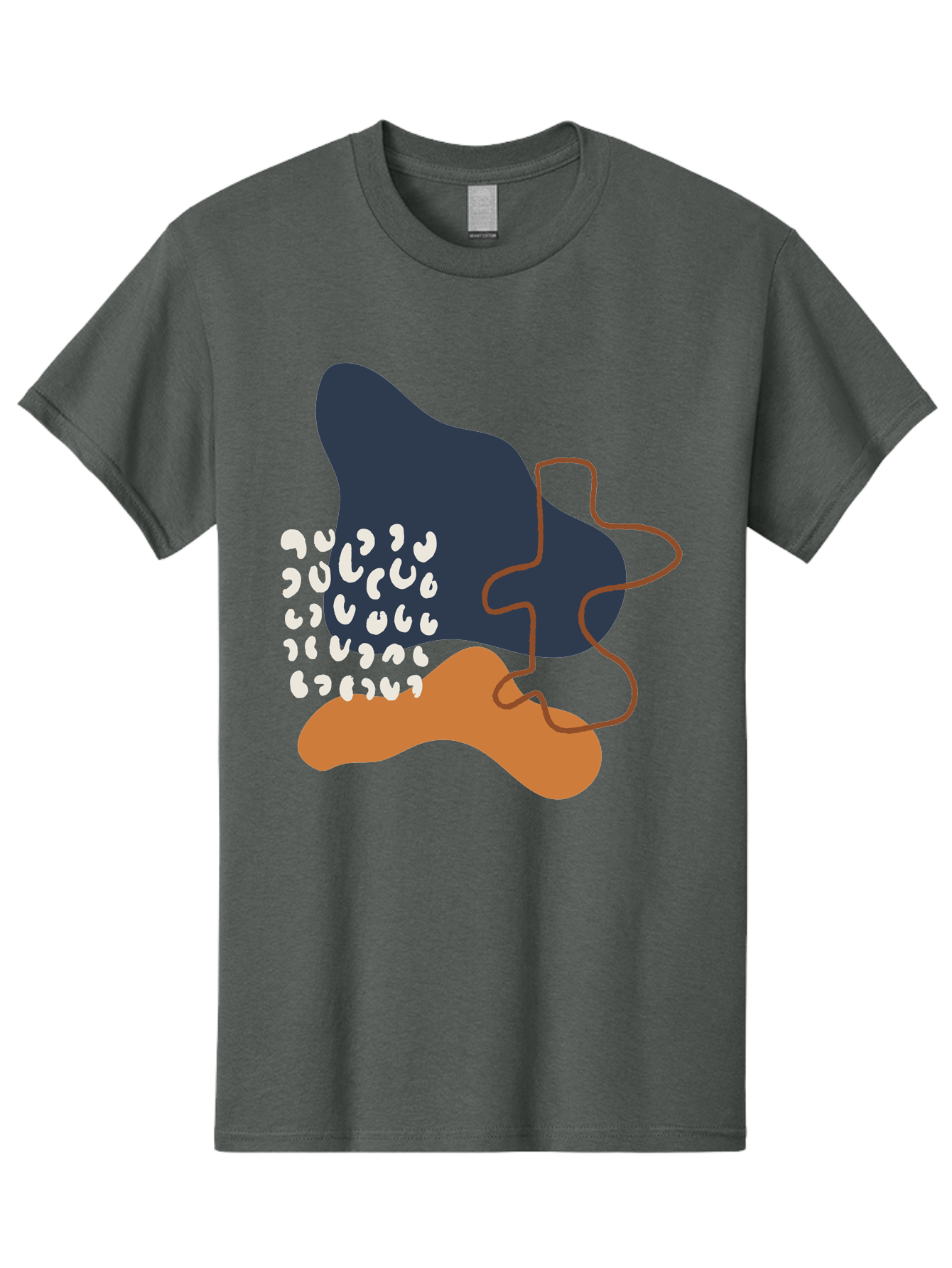 Abstract-Shapes-4 Men'S Graphic Tee, 100% Cotton, Comfortable Casual Summer Wear, Machine Washable, Abstract Art, Modern Design, Unique Shapes, Navy Blue Shape, Orange Blob, White Semicolons, Brown Squiggly Line, Creative Expression, -  Aaa356