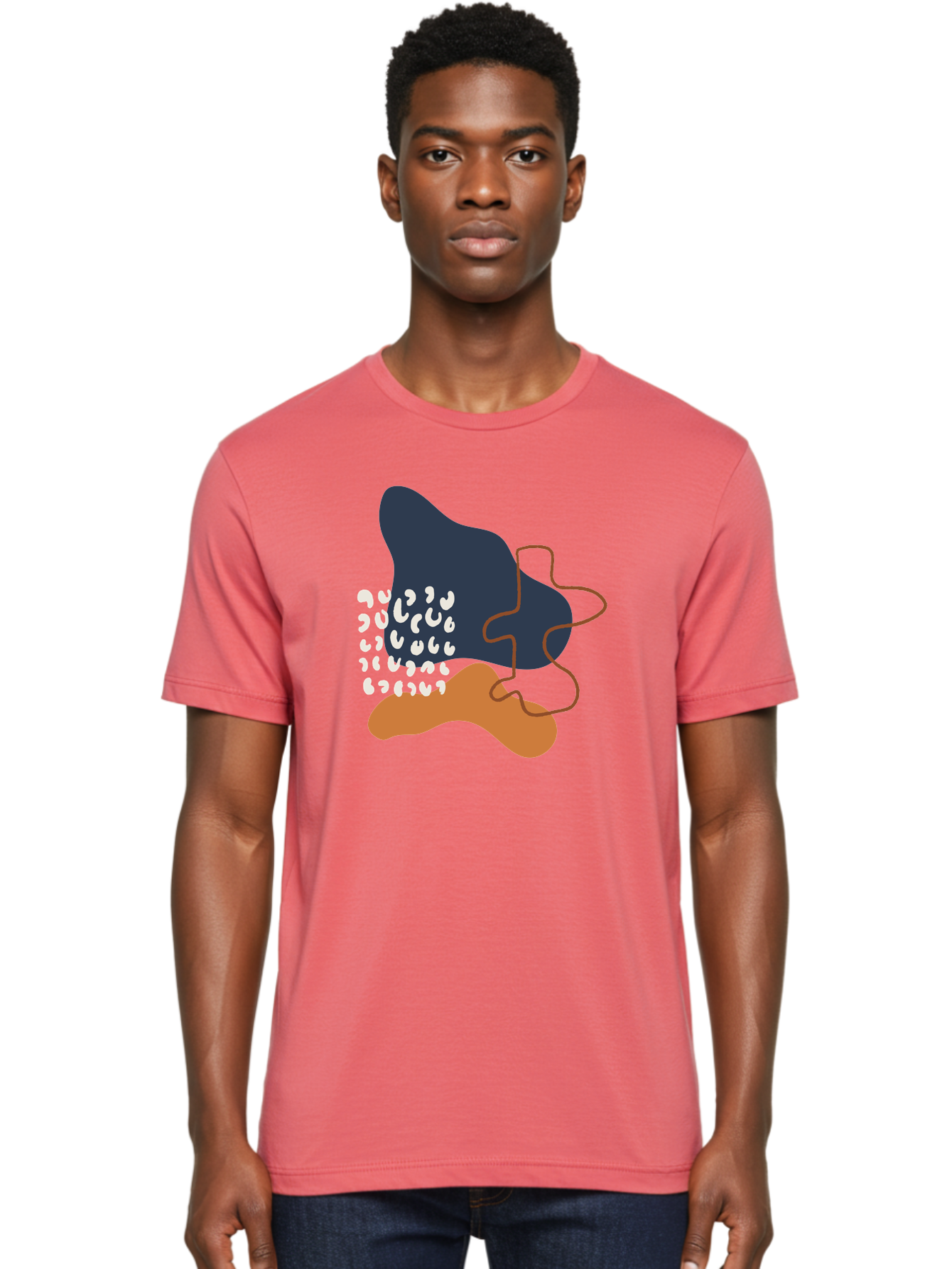 Abstract-Shapes-4 Men'S Graphic Tee, 100% Cotton, Comfortable Casual Summer Wear, Machine Washable, Abstract Art, Modern Design, Unique Shapes, Navy Blue Shape, Orange Blob, White Semicolons, Brown Squiggly Line, Creative Expression, -  Aaa356