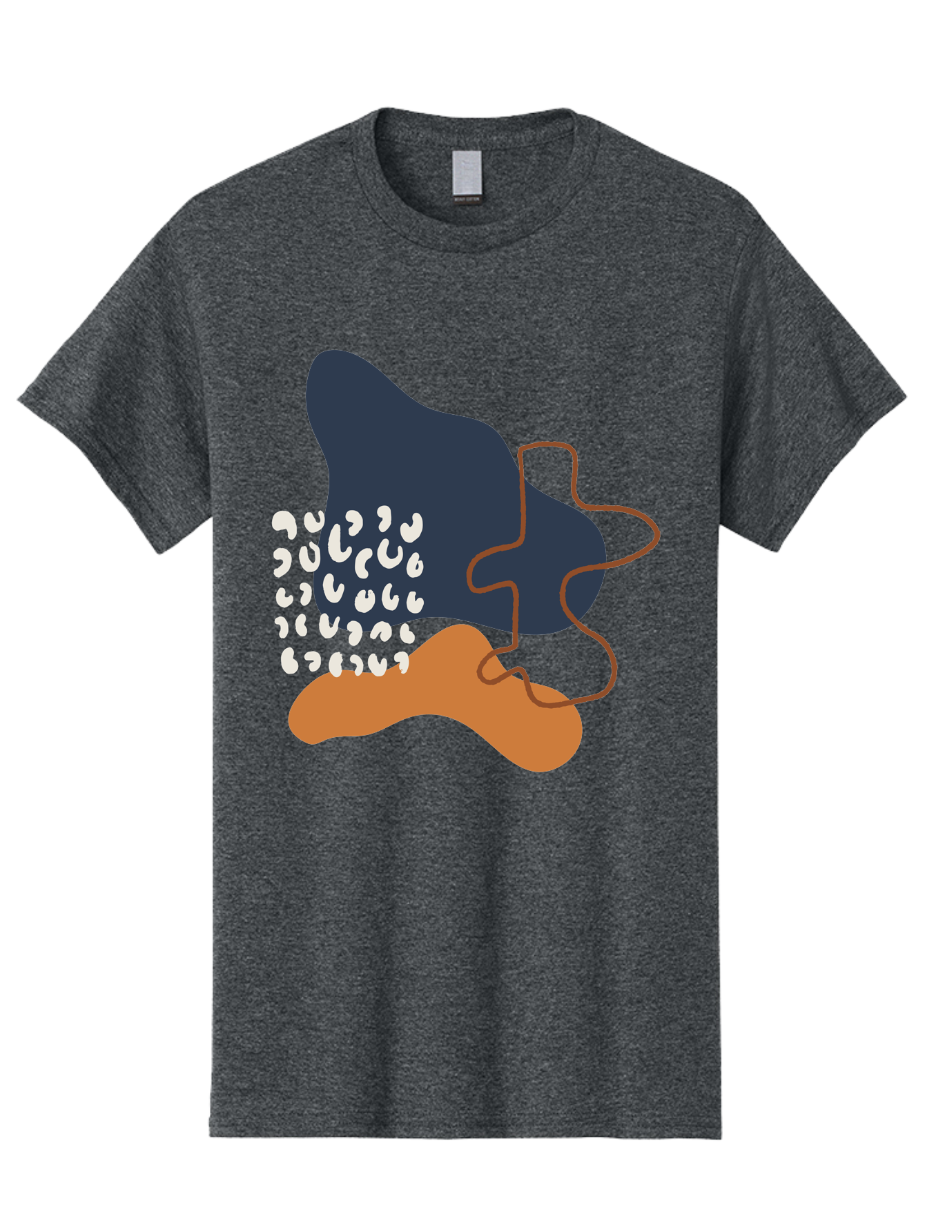 Abstract-Shapes-4 Men'S Graphic Tee, 100% Cotton, Comfortable Casual Summer Wear, Machine Washable, Abstract Art, Modern Design, Unique Shapes, Navy Blue Shape, Orange Blob, White Semicolons, Brown Squiggly Line, Creative Expression, -  Aaa356