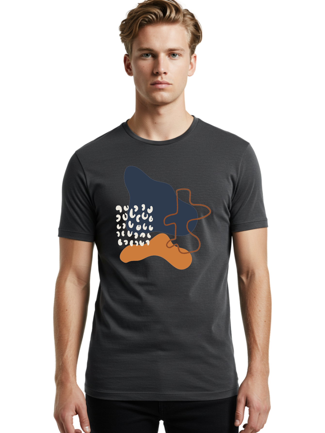 Abstract-Shapes-4 Men'S Graphic Tee, 100% Cotton, Comfortable Casual Summer Wear, Machine Washable, Abstract Art, Modern Design, Unique Shapes, Navy Blue Shape, Orange Blob, White Semicolons, Brown Squiggly Line, Creative Expression, -  Aaa356
