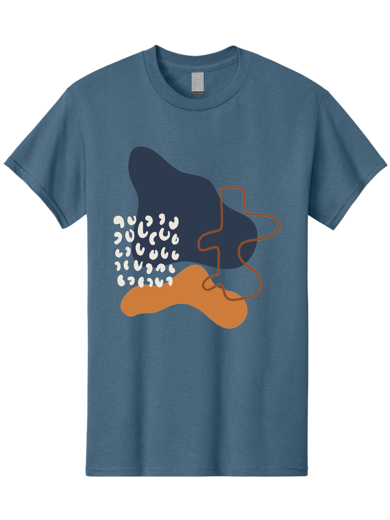 Abstract-Shapes-4 Men'S Graphic Tee, 100% Cotton, Comfortable Casual Summer Wear, Machine Washable, Abstract Art, Modern Design, Unique Shapes, Navy Blue Shape, Orange Blob, White Semicolons, Brown Squiggly Line, Creative Expression, -  Aaa356