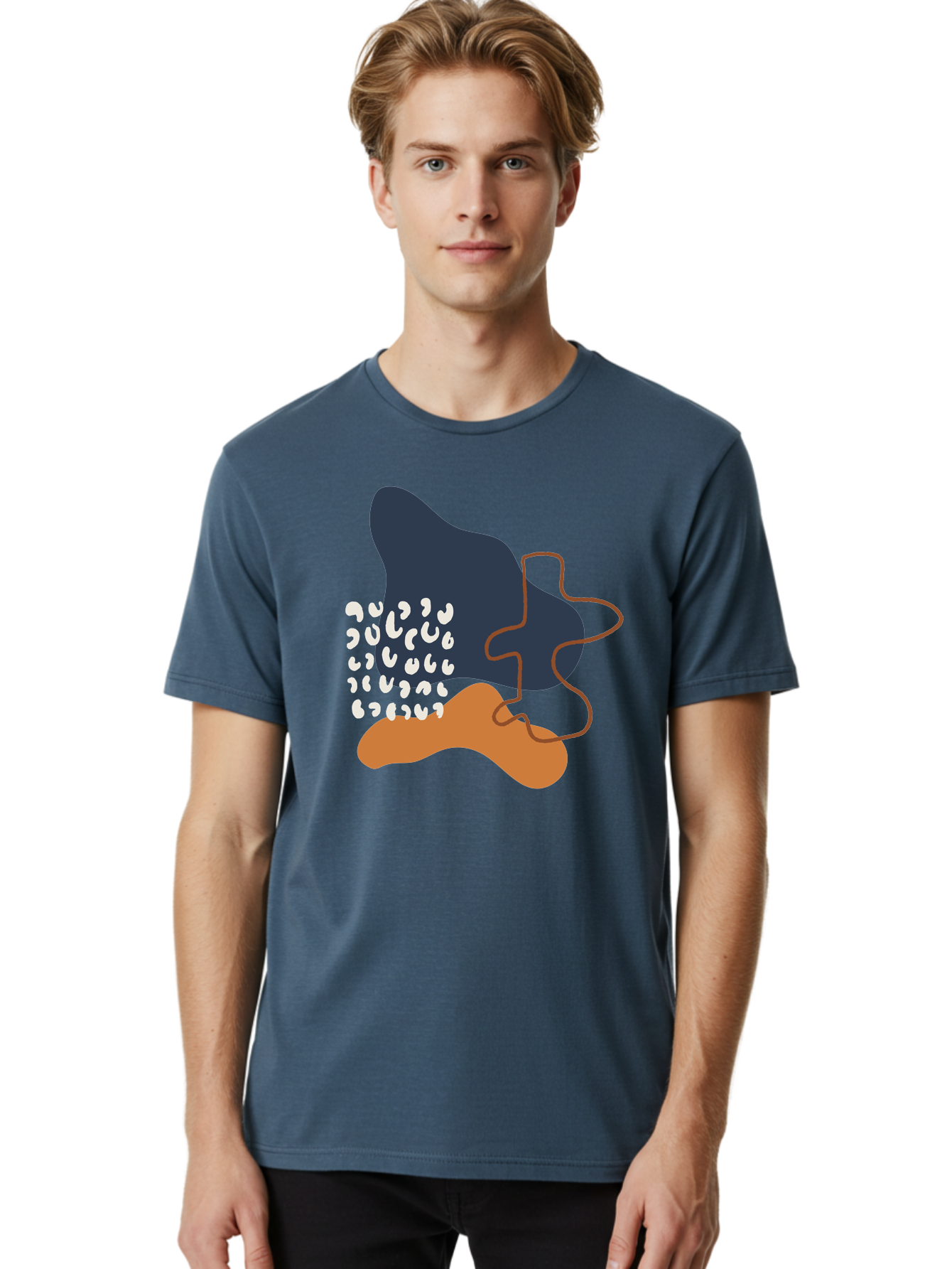 Abstract-Shapes-4 Men'S Graphic Tee, 100% Cotton, Comfortable Casual Summer Wear, Machine Washable, Abstract Art, Modern Design, Unique Shapes, Navy Blue Shape, Orange Blob, White Semicolons, Brown Squiggly Line, Creative Expression, -  Aaa356