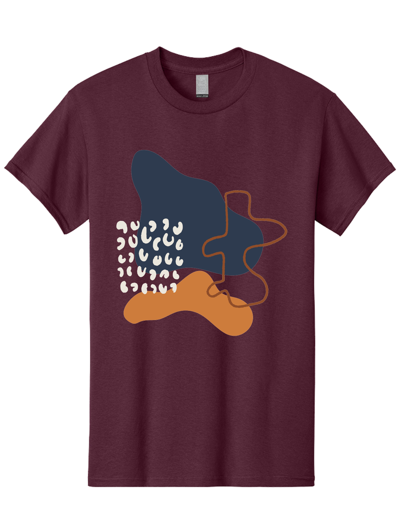 Abstract-Shapes-4 Men'S Graphic Tee, 100% Cotton, Comfortable Casual Summer Wear, Machine Washable, Abstract Art, Modern Design, Unique Shapes, Navy Blue Shape, Orange Blob, White Semicolons, Brown Squiggly Line, Creative Expression, -  Aaa356