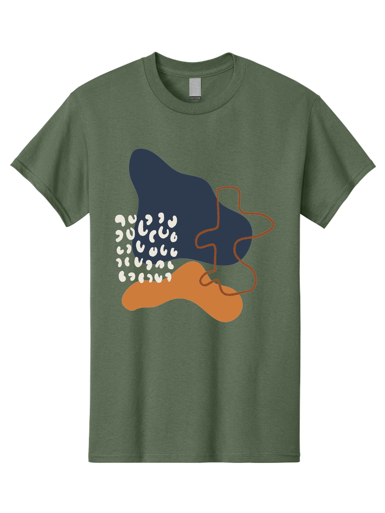 Abstract-Shapes-4 Men'S Graphic Tee, 100% Cotton, Comfortable Casual Summer Wear, Machine Washable, Abstract Art, Modern Design, Unique Shapes, Navy Blue Shape, Orange Blob, White Semicolons, Brown Squiggly Line, Creative Expression, -  Aaa356