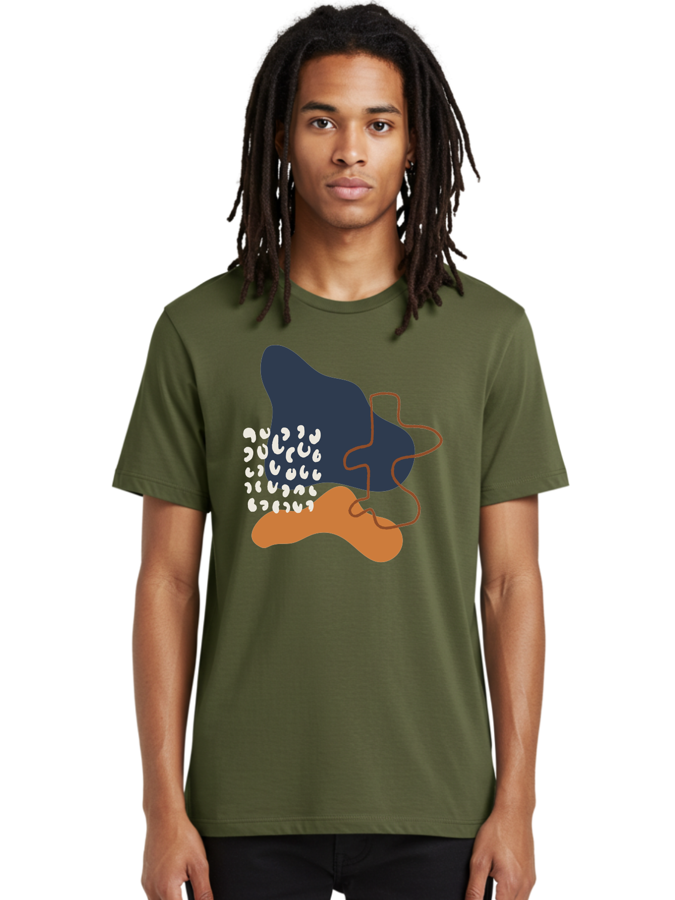 Abstract-Shapes-4 Men'S Graphic Tee, 100% Cotton, Comfortable Casual Summer Wear, Machine Washable, Abstract Art, Modern Design, Unique Shapes, Navy Blue Shape, Orange Blob, White Semicolons, Brown Squiggly Line, Creative Expression, -  Aaa356