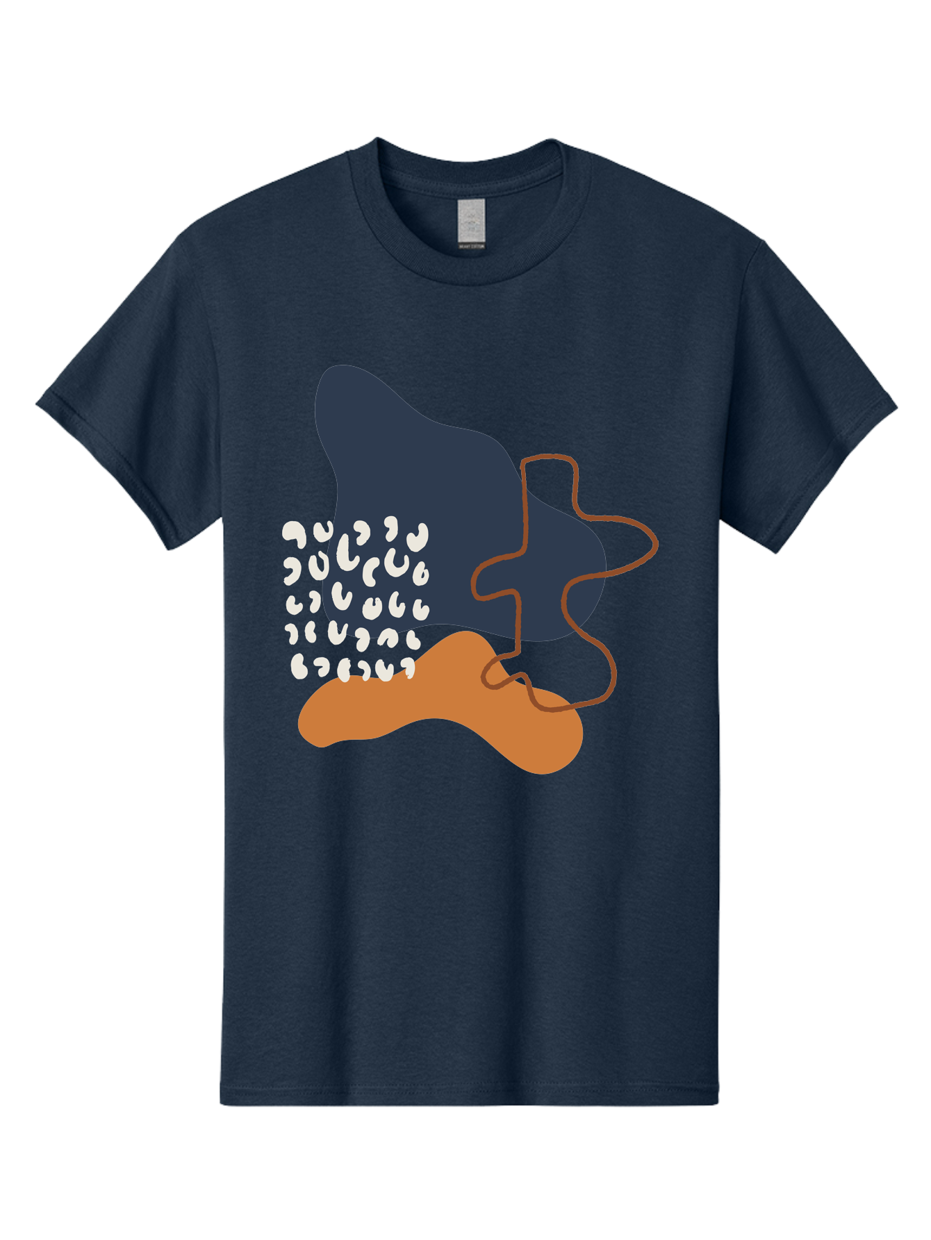 Abstract-Shapes-4 Men'S Graphic Tee, 100% Cotton, Comfortable Casual Summer Wear, Machine Washable, Abstract Art, Modern Design, Unique Shapes, Navy Blue Shape, Orange Blob, White Semicolons, Brown Squiggly Line, Creative Expression, -  Aaa356