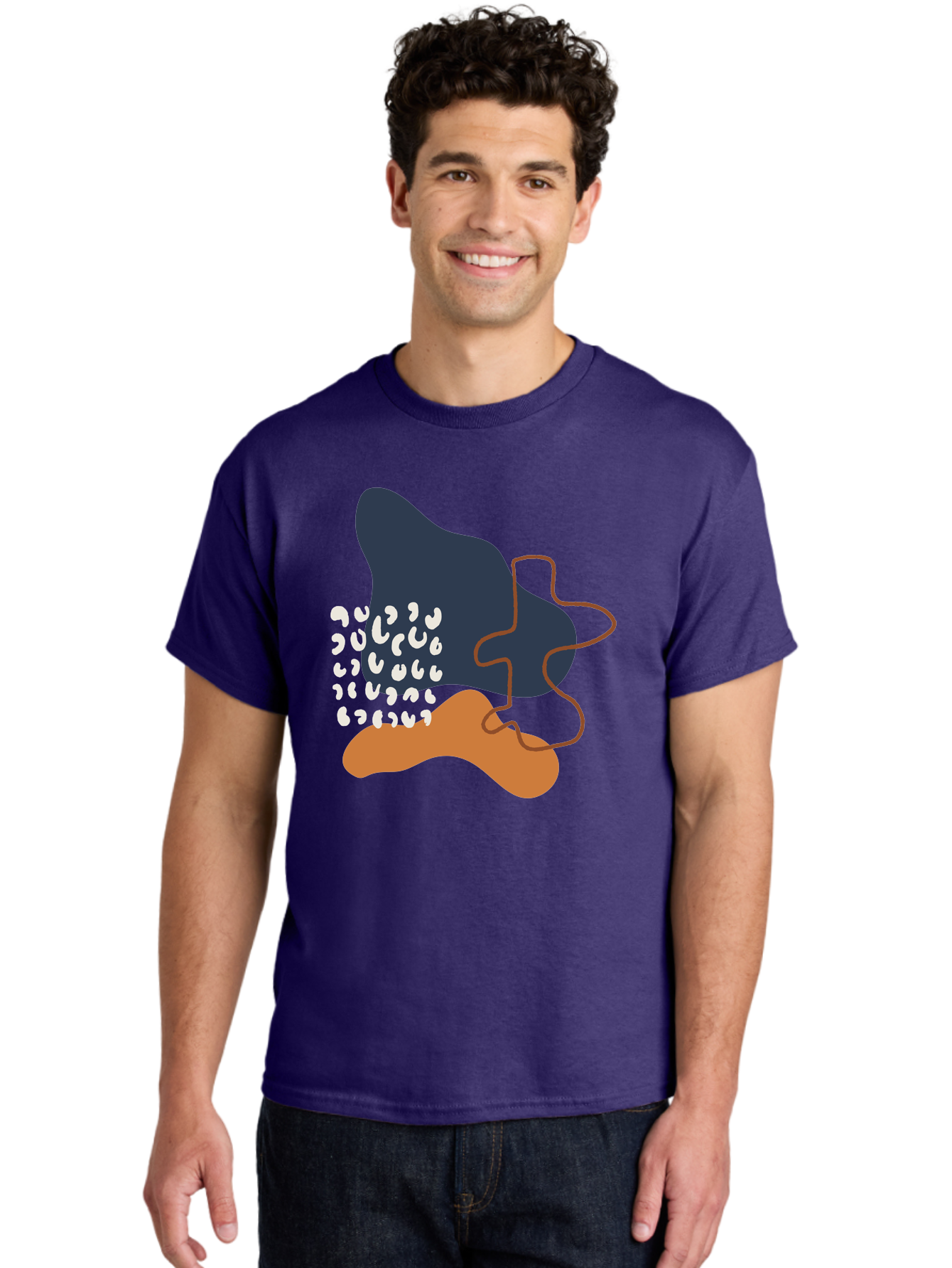 Abstract-Shapes-4 Men'S Graphic Tee, 100% Cotton, Comfortable Casual Summer Wear, Machine Washable, Abstract Art, Modern Design, Unique Shapes, Navy Blue Shape, Orange Blob, White Semicolons, Brown Squiggly Line, Creative Expression, -  Aaa356