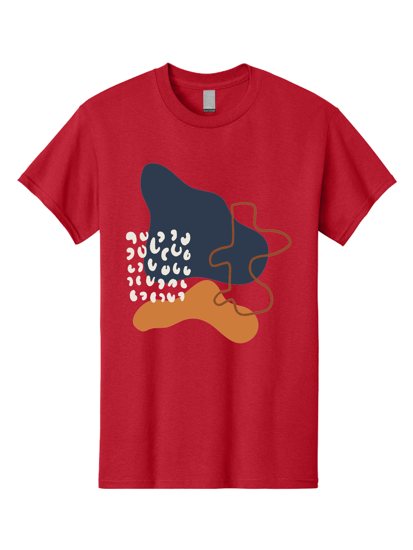 Abstract-Shapes-4 Men'S Graphic Tee, 100% Cotton, Comfortable Casual Summer Wear, Machine Washable, Abstract Art, Modern Design, Unique Shapes, Navy Blue Shape, Orange Blob, White Semicolons, Brown Squiggly Line, Creative Expression, -  Aaa356