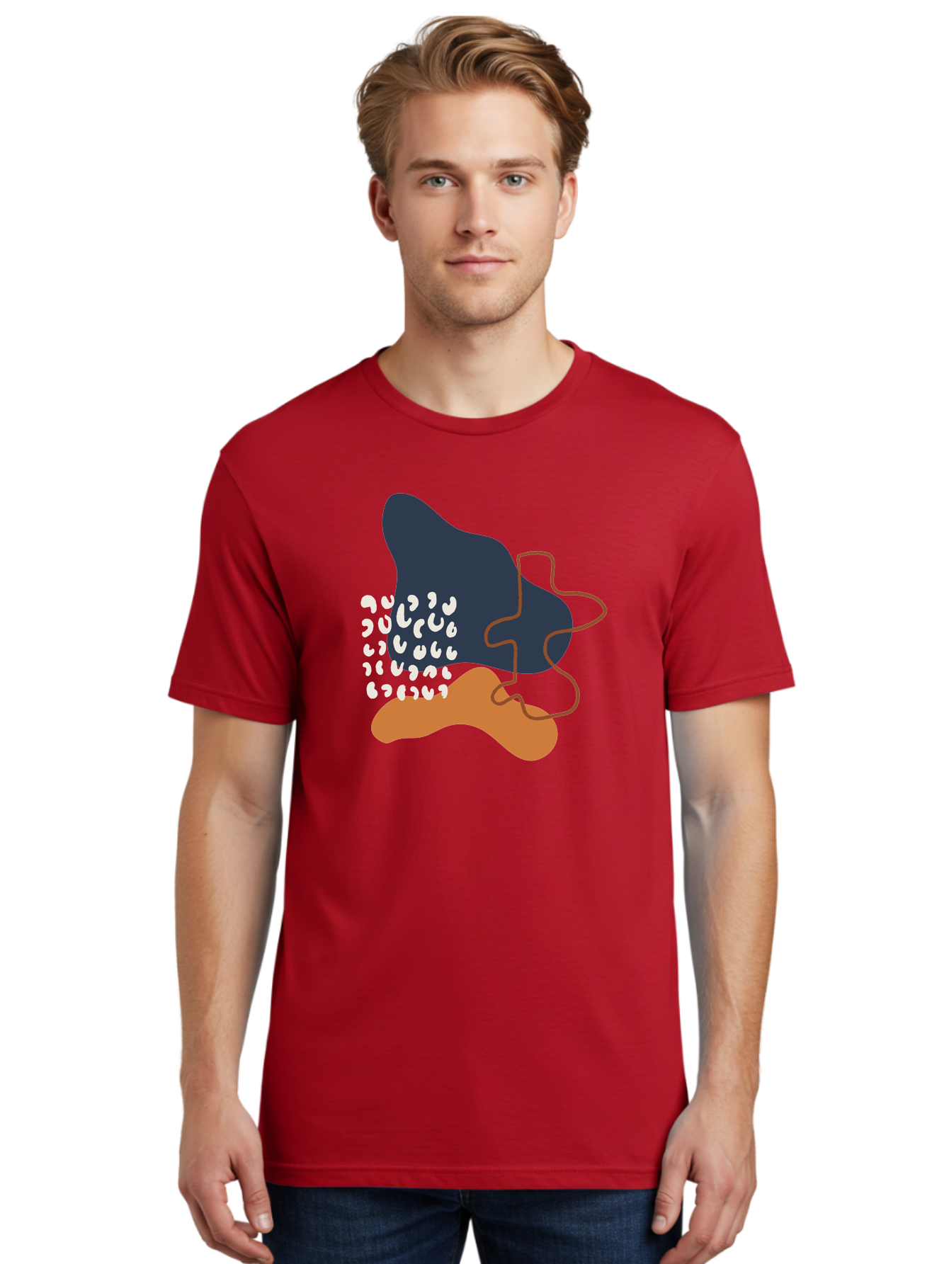 Abstract-Shapes-4 Men'S Graphic Tee, 100% Cotton, Comfortable Casual Summer Wear, Machine Washable, Abstract Art, Modern Design, Unique Shapes, Navy Blue Shape, Orange Blob, White Semicolons, Brown Squiggly Line, Creative Expression, -  Aaa356