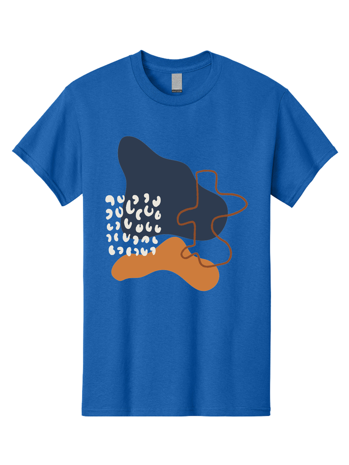 Abstract-Shapes-4 Men'S Graphic Tee, 100% Cotton, Comfortable Casual Summer Wear, Machine Washable, Abstract Art, Modern Design, Unique Shapes, Navy Blue Shape, Orange Blob, White Semicolons, Brown Squiggly Line, Creative Expression, -  Aaa356