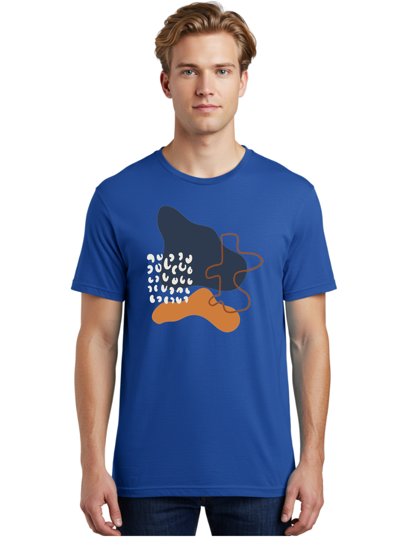 Abstract-Shapes-4 Men'S Graphic Tee, 100% Cotton, Comfortable Casual Summer Wear, Machine Washable, Abstract Art, Modern Design, Unique Shapes, Navy Blue Shape, Orange Blob, White Semicolons, Brown Squiggly Line, Creative Expression, -  Aaa356