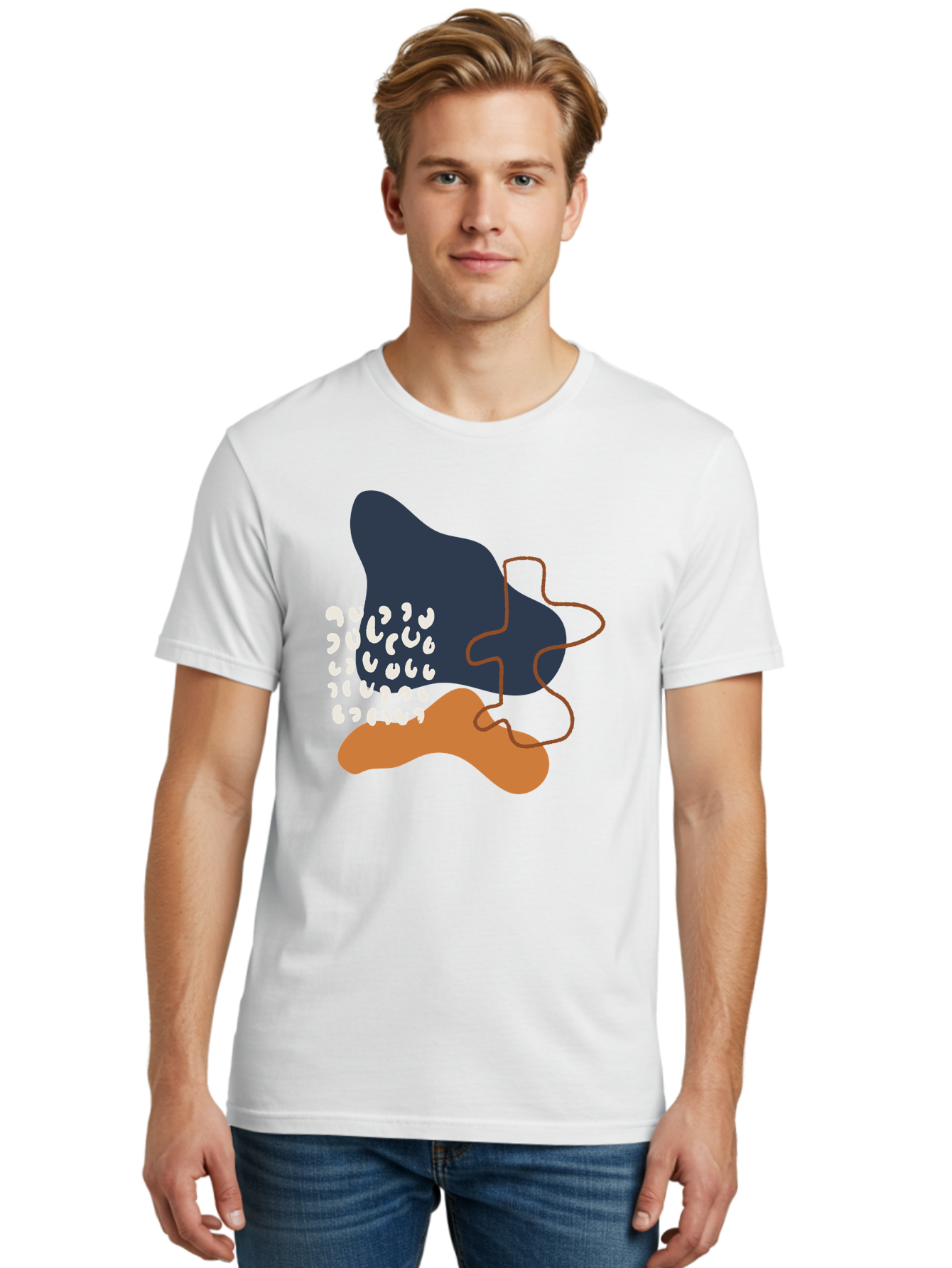 Abstract-Shapes-4 Men'S Graphic Tee, 100% Cotton, Comfortable Casual Summer Wear, Machine Washable, Abstract Art, Modern Design, Unique Shapes, Navy Blue Shape, Orange Blob, White Semicolons, Brown Squiggly Line, Creative Expression, -  Aaa356