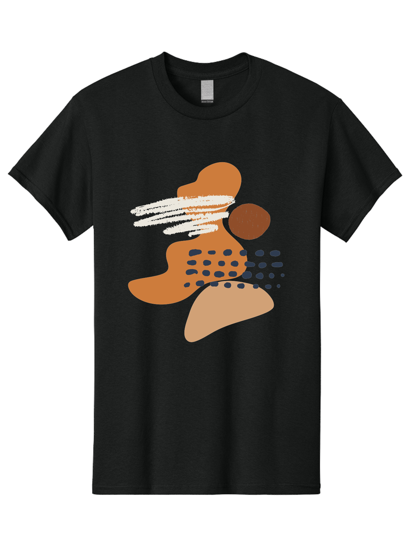 abstract art, modern design, geometric shapes, orange and brown hues, white streaks, black dots, artistic expression, contemporary style