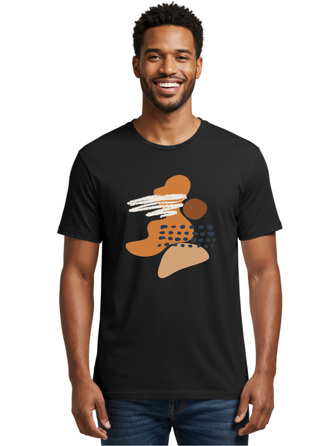 abstract art, modern design, geometric shapes, orange and brown hues, white streaks, black dots, artistic expression, contemporary style