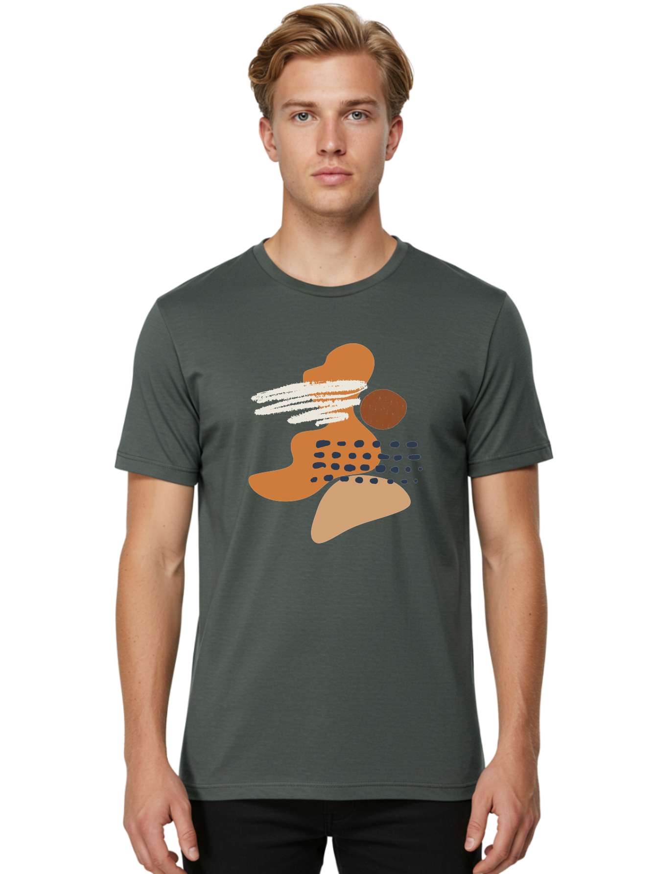 Abstract-Shapes Men'S Graphic Tee, 100% Cotton, Comfortable Casual Summer Wear, Machine Washable, Abstract Art, Modern Design, Geometric Shapes, Orange And Brown Hues, White Streaks, Black Dots, Artistic Expression, Contemporary Style -  Aaa357