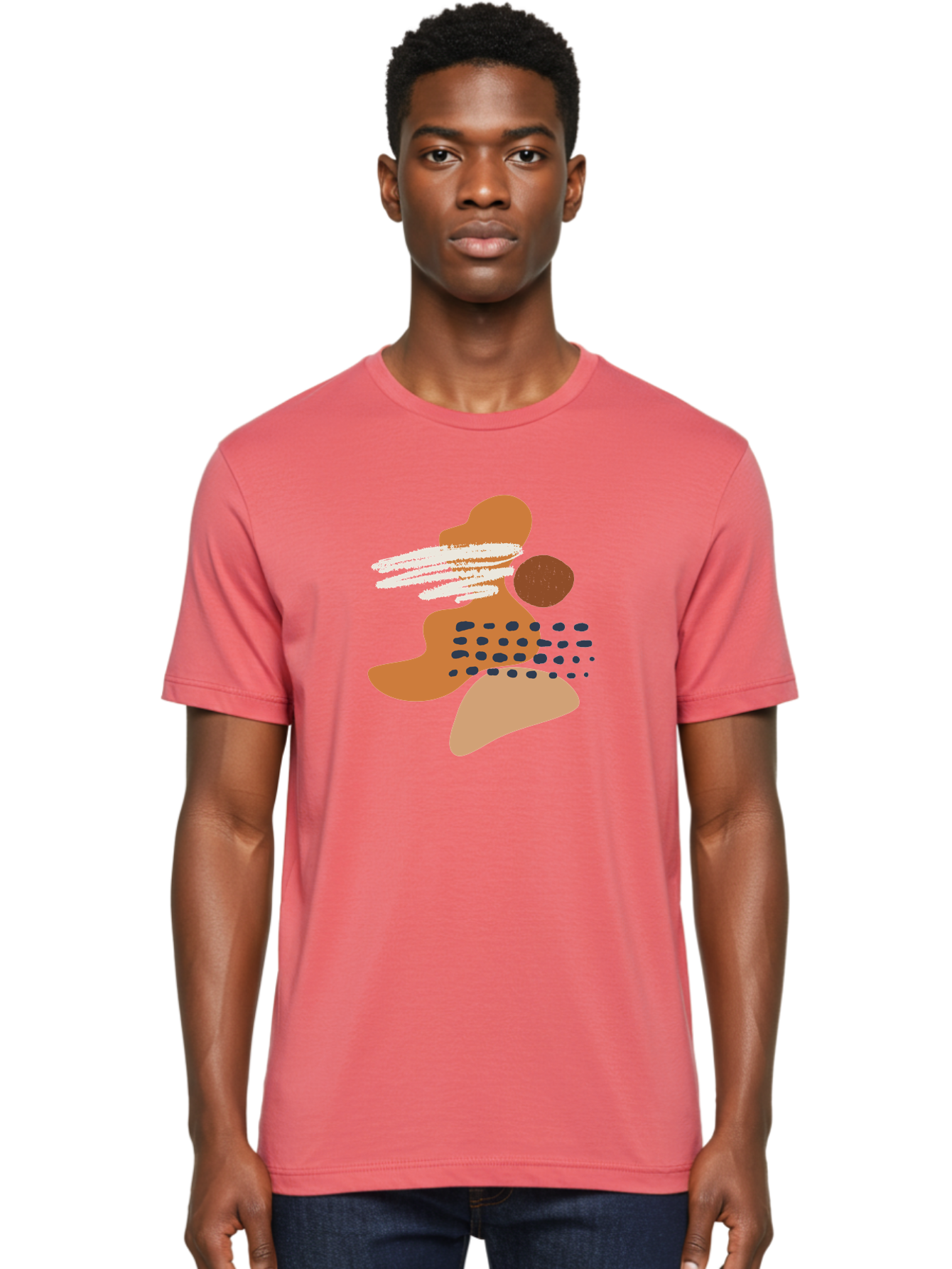 Abstract-Shapes Men'S Graphic Tee, 100% Cotton, Comfortable Casual Summer Wear, Machine Washable, Abstract Art, Modern Design, Geometric Shapes, Orange And Brown Hues, White Streaks, Black Dots, Artistic Expression, Contemporary Style -  Aaa357