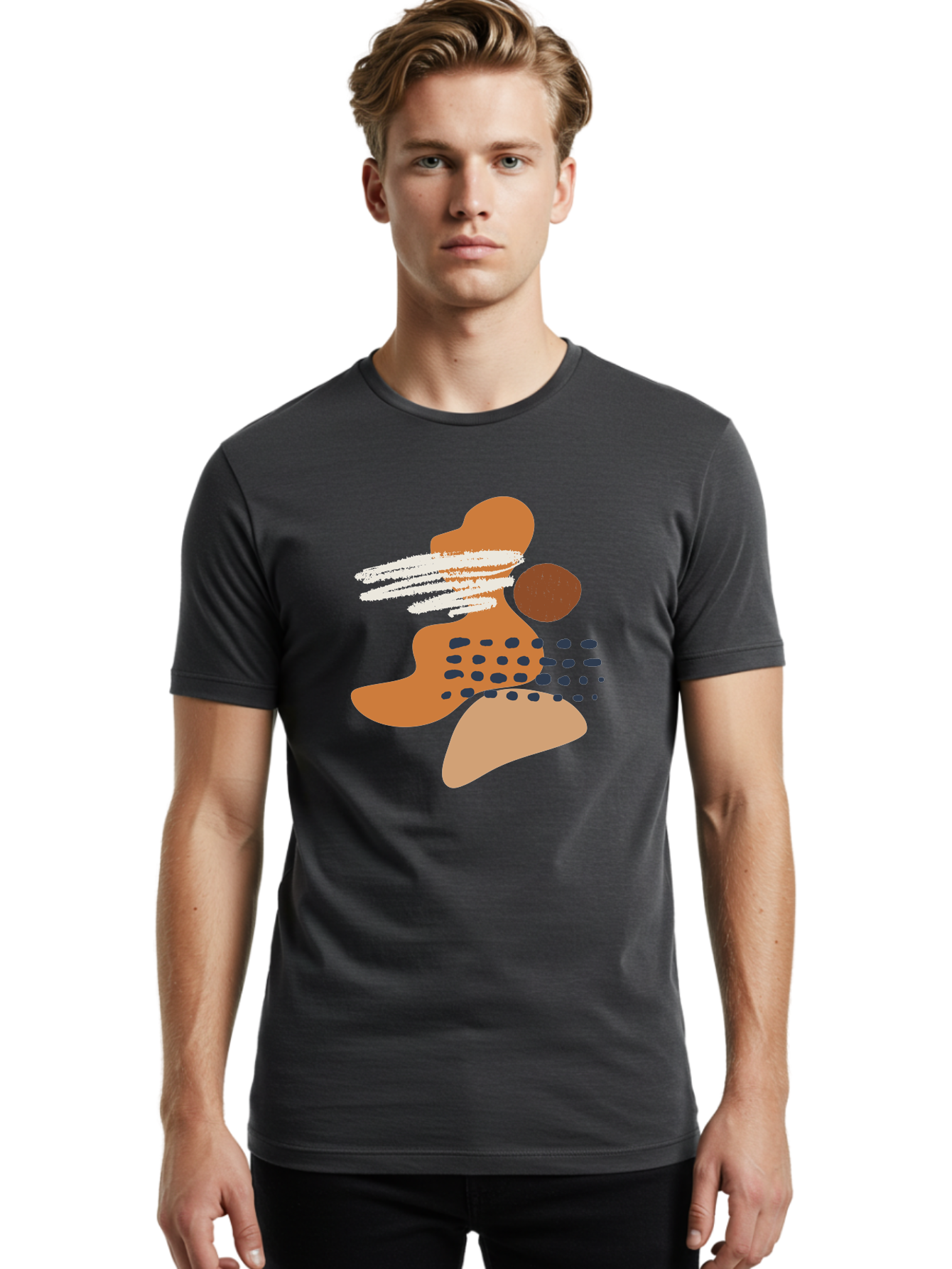 Abstract-Shapes Men'S Graphic Tee, 100% Cotton, Comfortable Casual Summer Wear, Machine Washable, Abstract Art, Modern Design, Geometric Shapes, Orange And Brown Hues, White Streaks, Black Dots, Artistic Expression, Contemporary Style -  Aaa357
