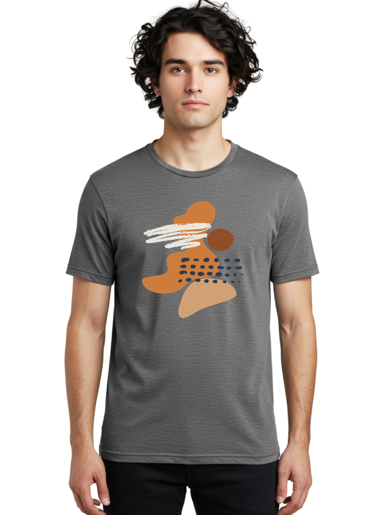 abstract art, modern design, geometric shapes, orange and brown hues, white streaks, black dots, artistic expression, contemporary style