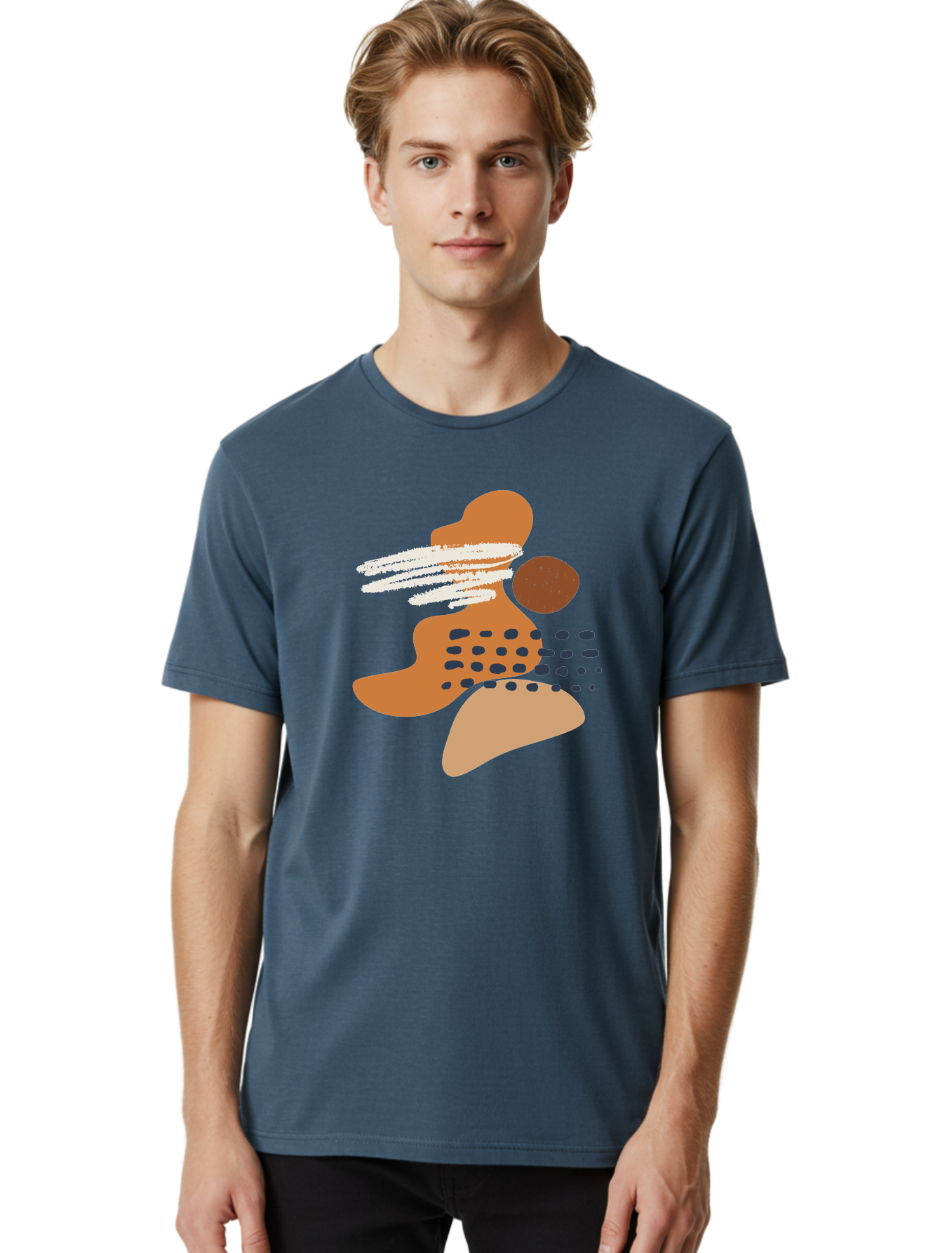 Abstract-Shapes Men'S Graphic Tee, 100% Cotton, Comfortable Casual Summer Wear, Machine Washable, Abstract Art, Modern Design, Geometric Shapes, Orange And Brown Hues, White Streaks, Black Dots, Artistic Expression, Contemporary Style -  Aaa357