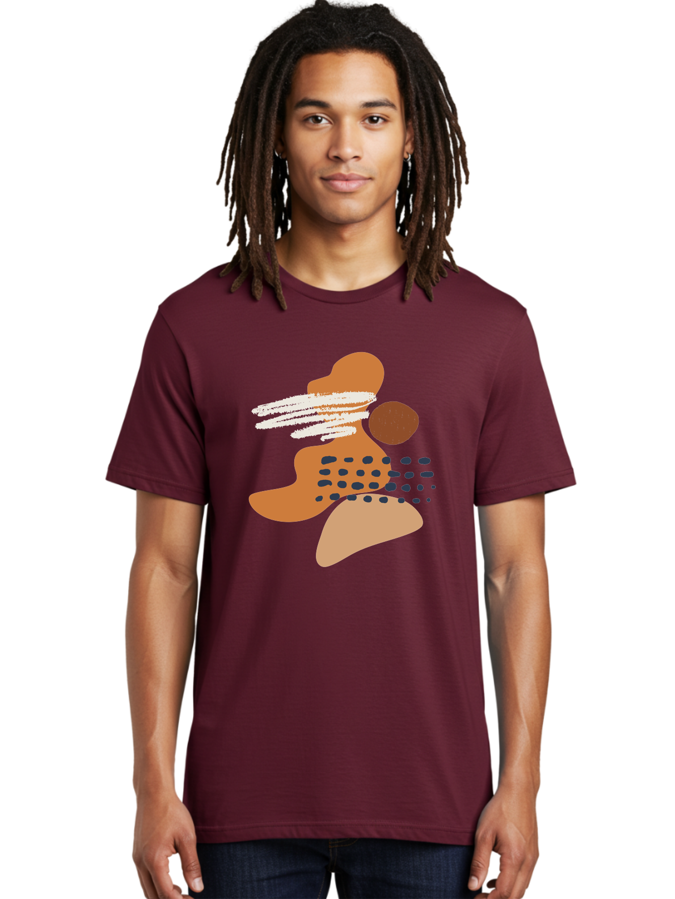 Abstract-Shapes Men'S Graphic Tee, 100% Cotton, Comfortable Casual Summer Wear, Machine Washable, Abstract Art, Modern Design, Geometric Shapes, Orange And Brown Hues, White Streaks, Black Dots, Artistic Expression, Contemporary Style -  Aaa357
